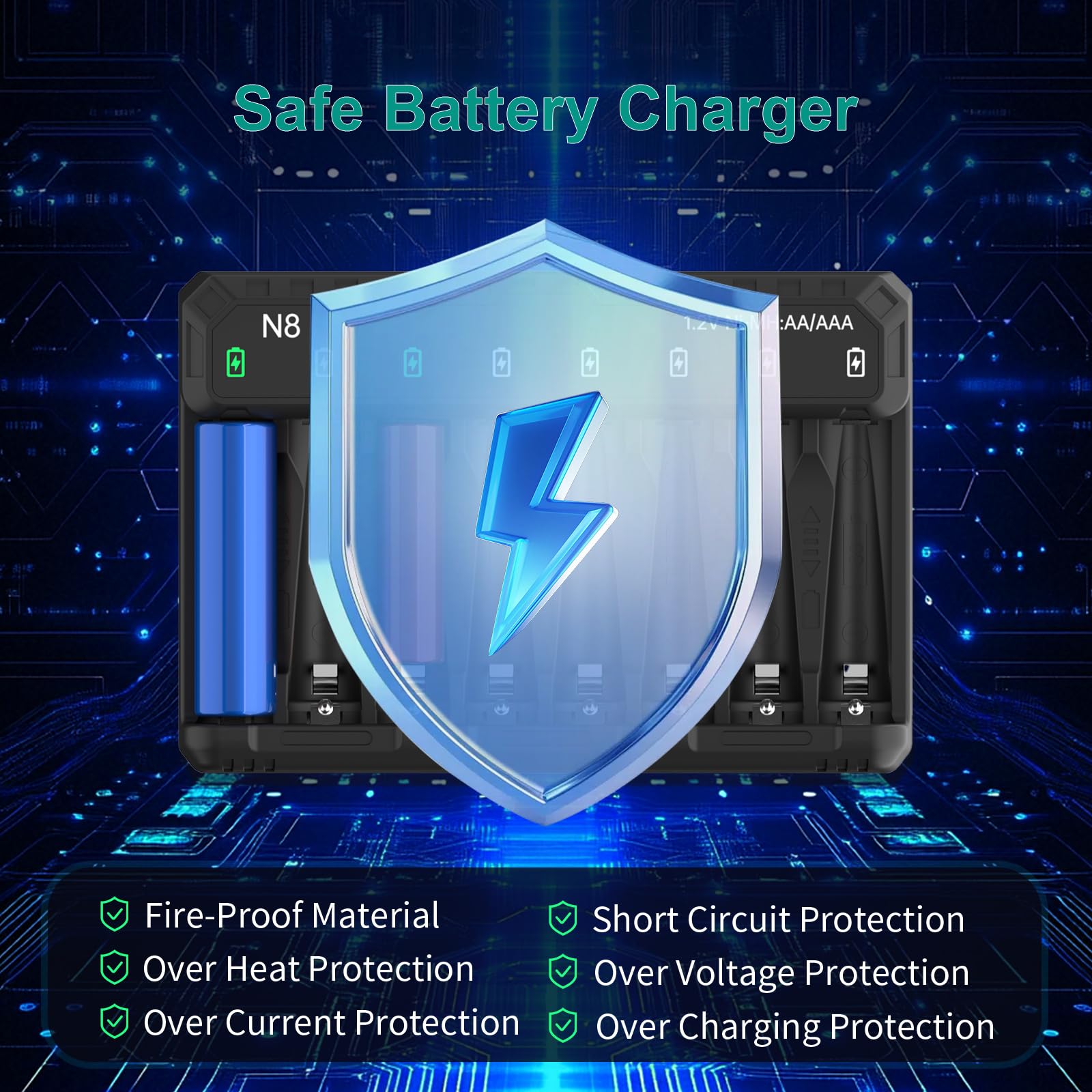 8 Bay Smart Battery Charger for Ni-MH Ni-CD Rechargeable AA AAA Batteries - Fast Charging with 5V 2A & LED Indicator - Independent Control for Home, Office, and Travel Use