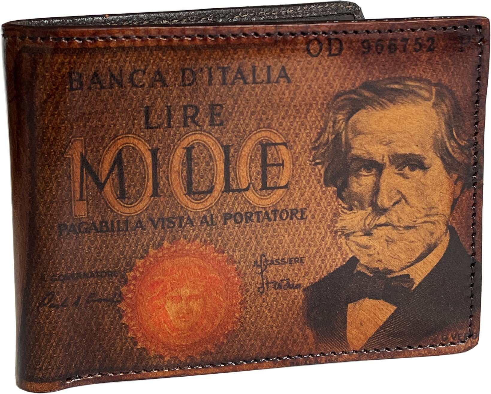Genuine Italian Leather Men's Wallet - Artiglieria Fiorentina VERDI Handmade Vegetable-Tanned Leather Bifold Wallet Featuring Giuseppe Verdi & Millelire Design - Perfect Gift for Dad, Husband, Birthday & Anniversary - Made in Italy