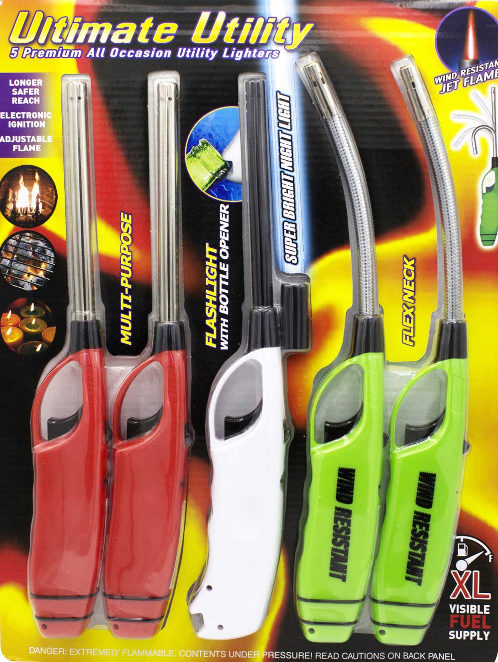 Premium Multi-Purpose Gas Utility Lighters for BBQ, Kitchen, Fireplace, Grill & Outdoor Camping - Windproof & Refillable (Pack of 5) - Perfect for Cooking, Grilling, Lighting Candles & Fireplaces