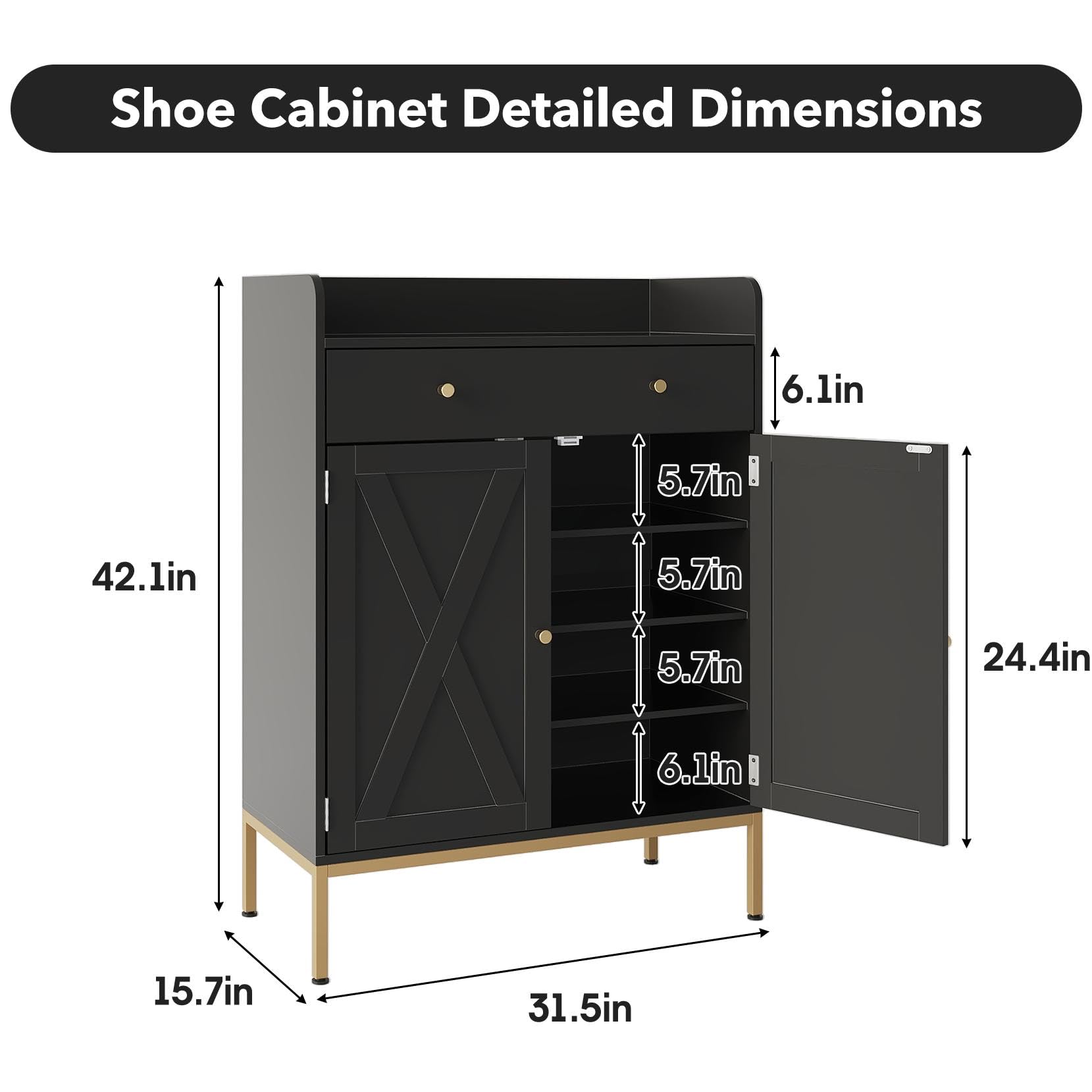 Maupvit 20-Pair Shoe Storage Cabinet with Doors & Drawers - Adjustable Shelves, Metal Legs - 43