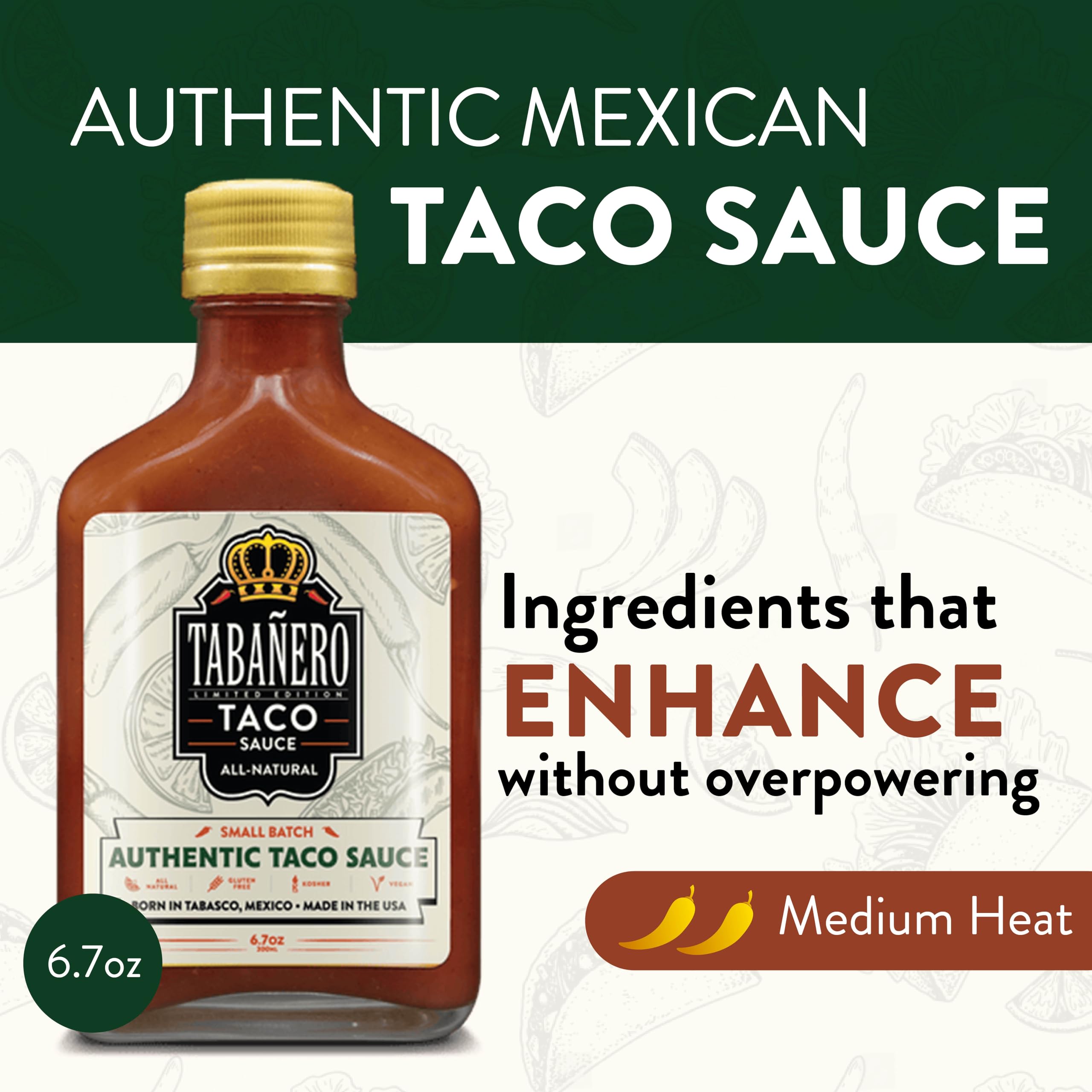 Tabañero Hot Taco Sauce - Authentic Mexican Red Enchilada Sauce for Tacos & Burritos | All Natural, Gluten Free, Vegan, Kosher | Gourmet Food Gift Made in USA (6.7 oz) - Perfect for Spicy Food Lovers, Mexican Cuisine & Home Cooking