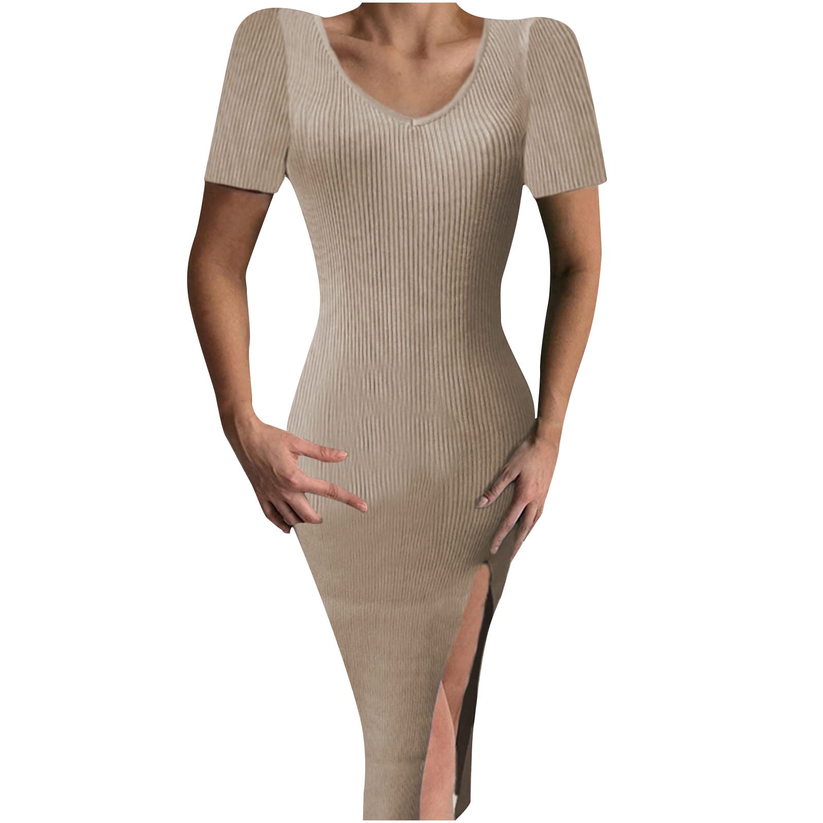 **Ceimmol Women's Sexy V-Neck Bodycon Knit Dress - Summer Short Sleeve Midi Dress with Slit | Perfect for Date Night, Club Outfits & Casual Wear**