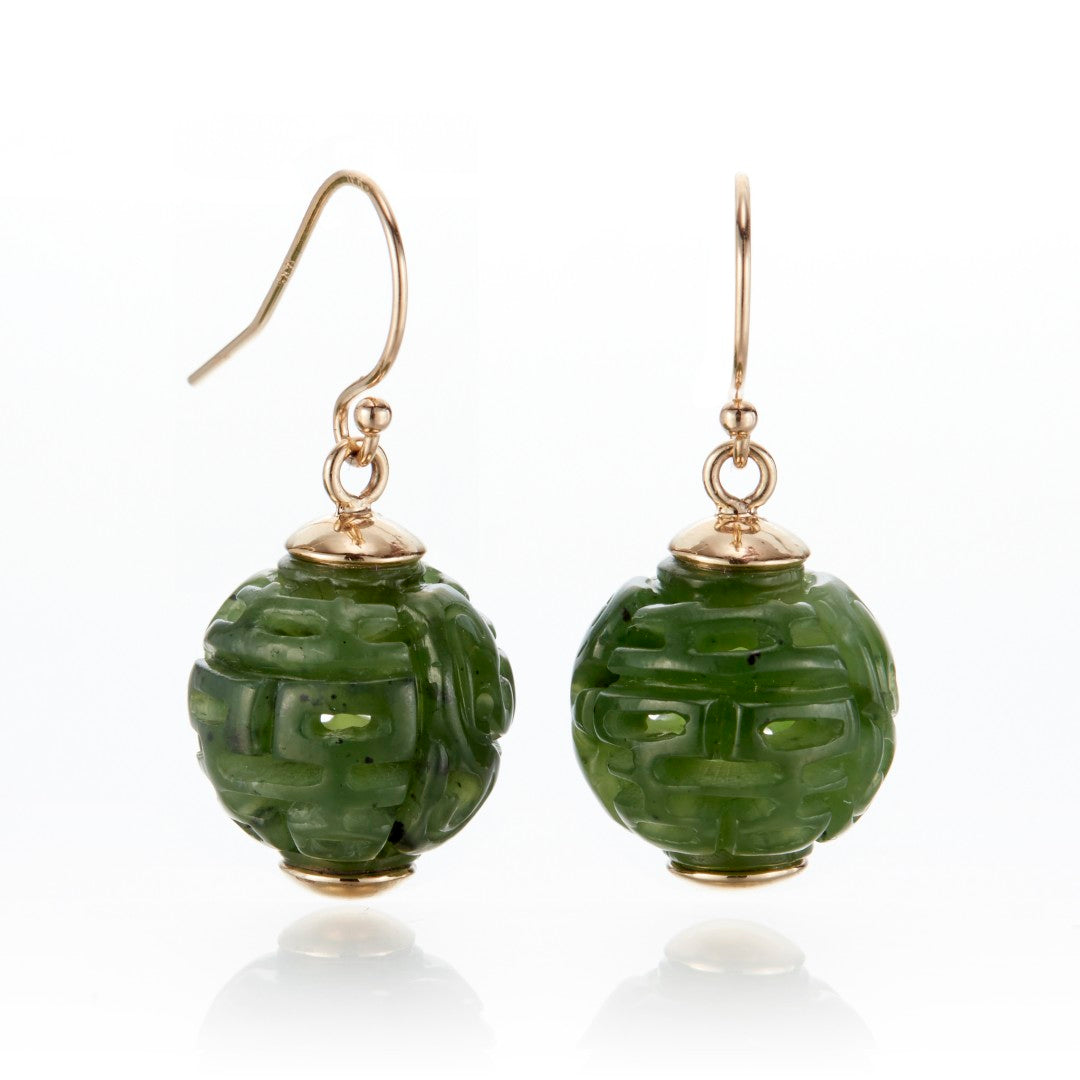 Green Nephrite Jade Dragon Ball Earrings for Women - Handmade Chinese Feng Shui Jewelry - Elegant Dangle Earrings for Daily Wear & Special Occasions
