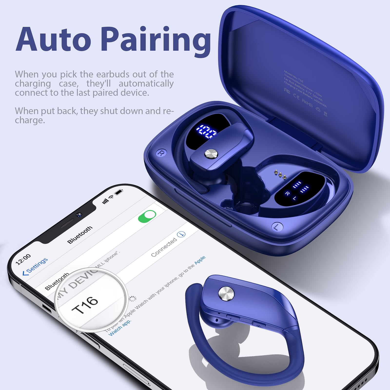 Bmanl Wireless Bluetooth Earbuds with LED Display - 48H Playtime, Built-in Mic, Secure Earhooks for Running, Gym & Workouts (Blue) | Perfect for Sports, Commuting & Outdoor Activities