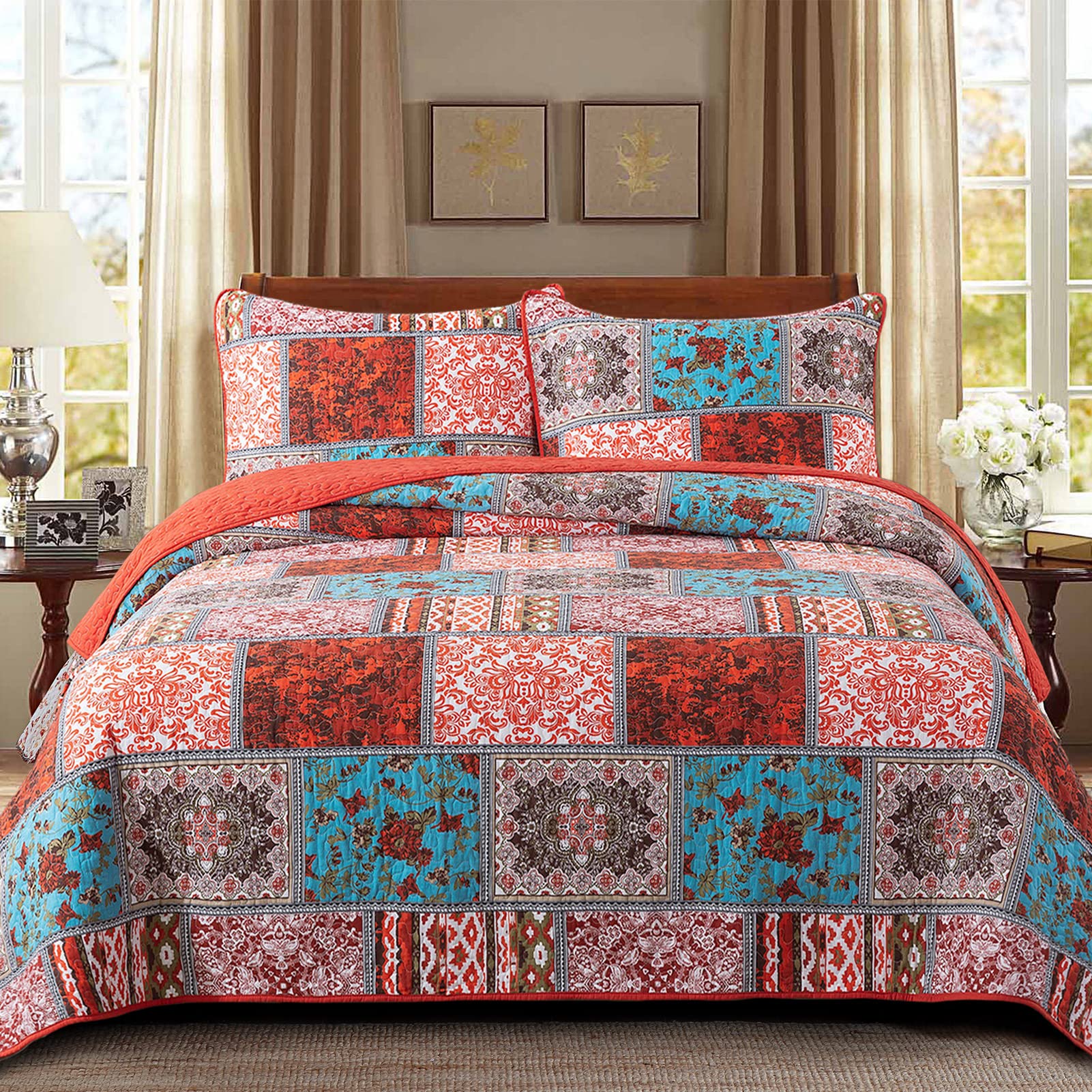NEWLAKE Cotton Bedspread Quilt Set - Reversible Patchwork Coverlet with Mediterranean Bohemian Pattern, King Size Bedding for Master Bedroom & Guest Room