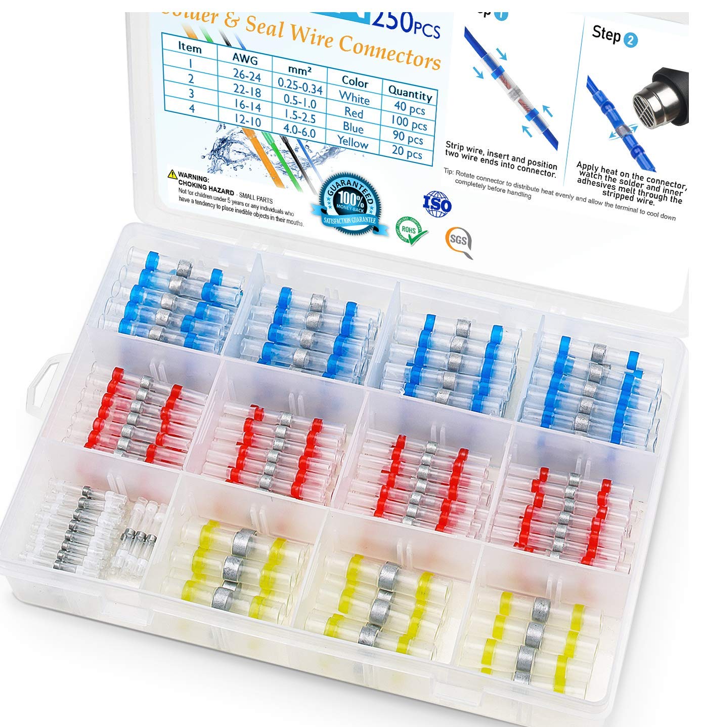 TICONN 250PCS Heat Shrink Solder Seal Wire Connectors - Waterproof Insulated Butt Splice Terminals for Automotive, Marine & Home Electrical Wiring Repairs