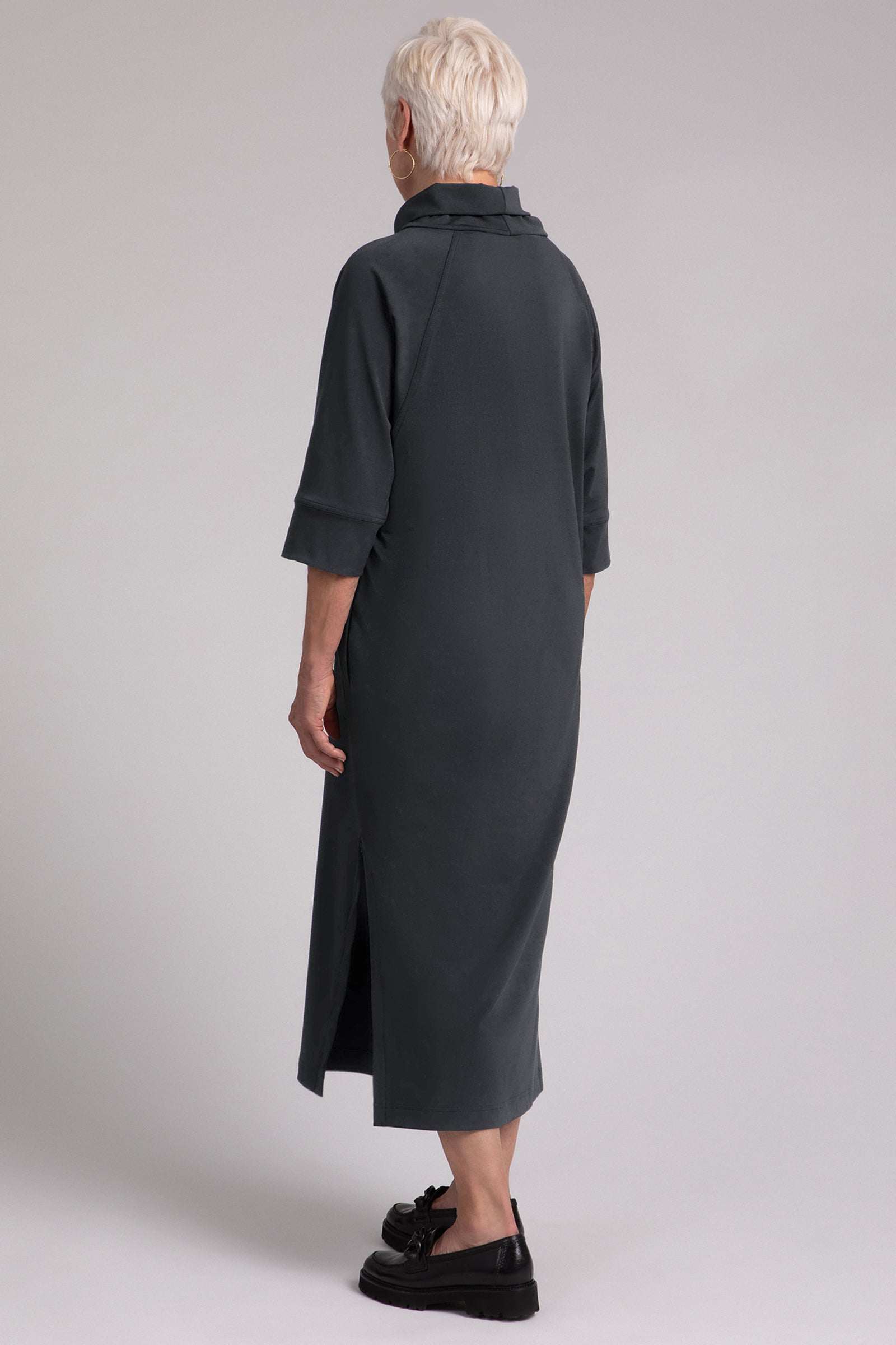 Cozy Fleece Back Jersey Raglan Funnel Neck Dress for Women - Graphite | Warm Winter Casual Outfit, Lounge Wear, and Layering Essential