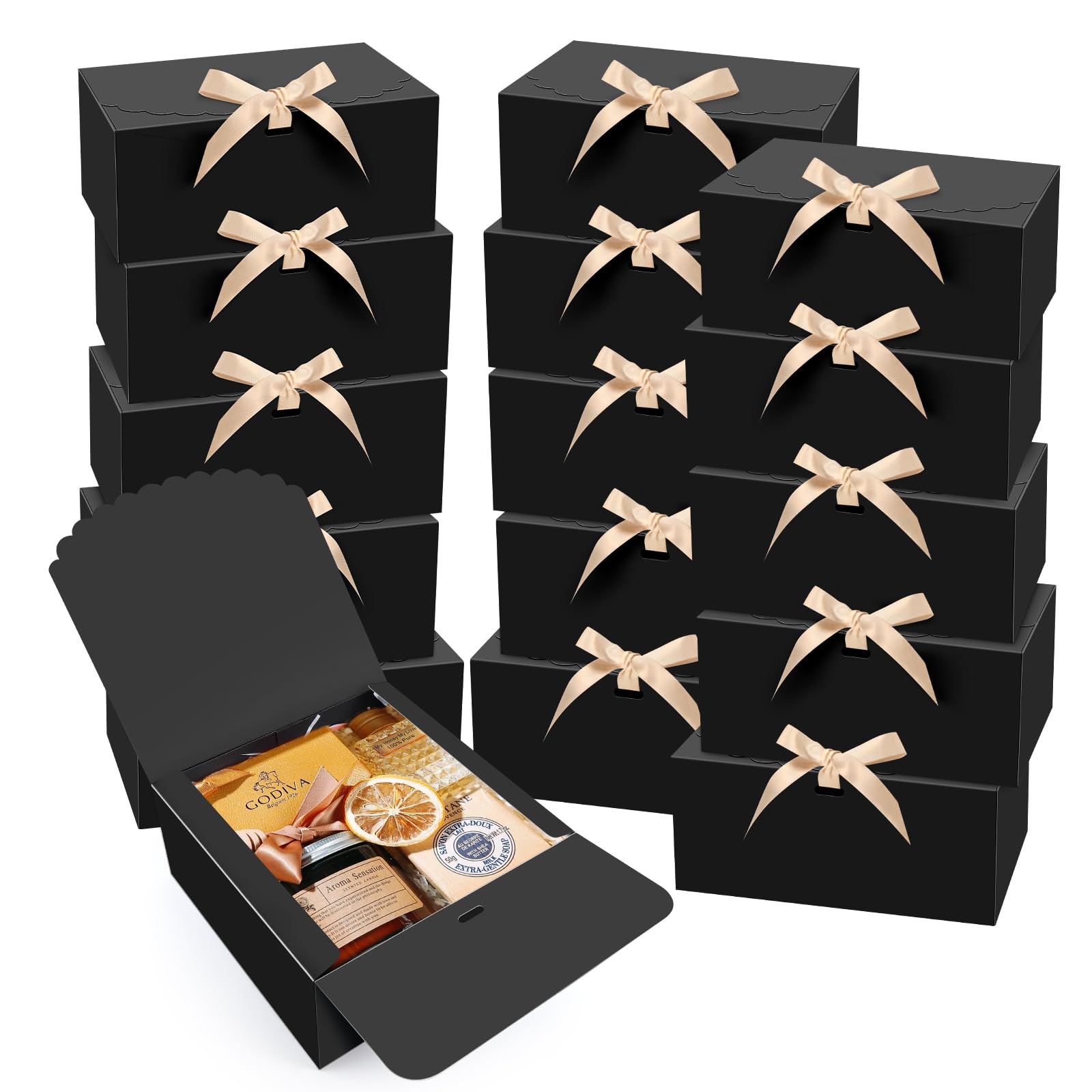 12-Piece Black Gift Box Set with Lids & Ribbons - 9x9x4 Inch Kraft Paper Bridesmaid Proposal Boxes - Wedding, Birthday, Cupcake Packaging - Perfect for Party Favors, Crafting & Present Wrapping