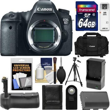 Canon EOS 6D DSLR Camera Body with 64GB Memory Card, Case, Battery & Charger, Battery Grip, Tripod, Remote - Complete Professional Photography Bundle for Travel, Wedding & Portrait Shooting