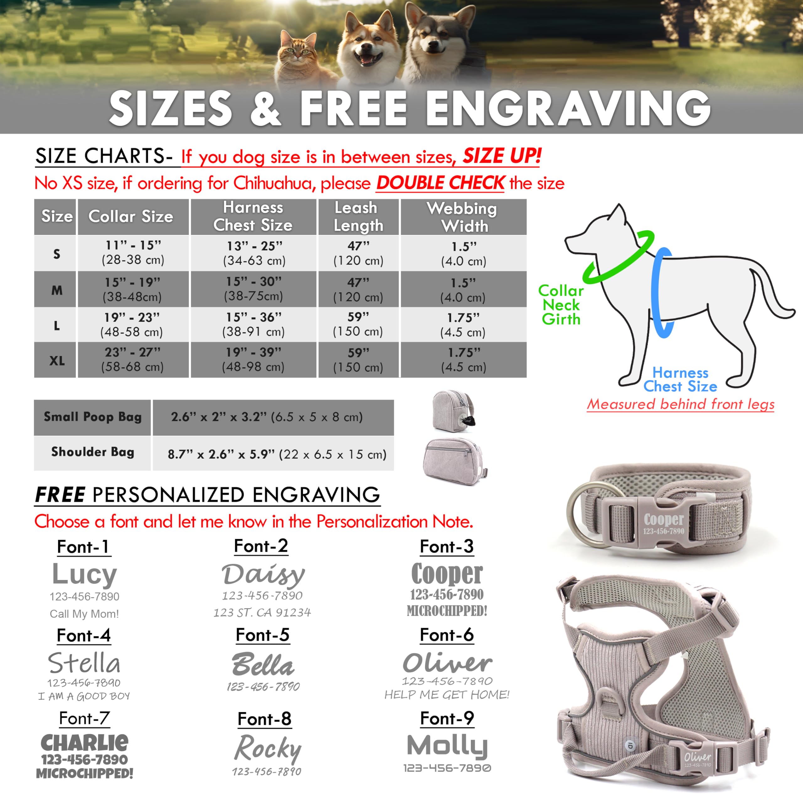 Custom Personalized Dog Harness & Leash Set with Name - Reflective No-Pull Pet Harness with Poop Bag Holder - Beige Gray Small Orange for Walking, Training & Outdoor Adventures