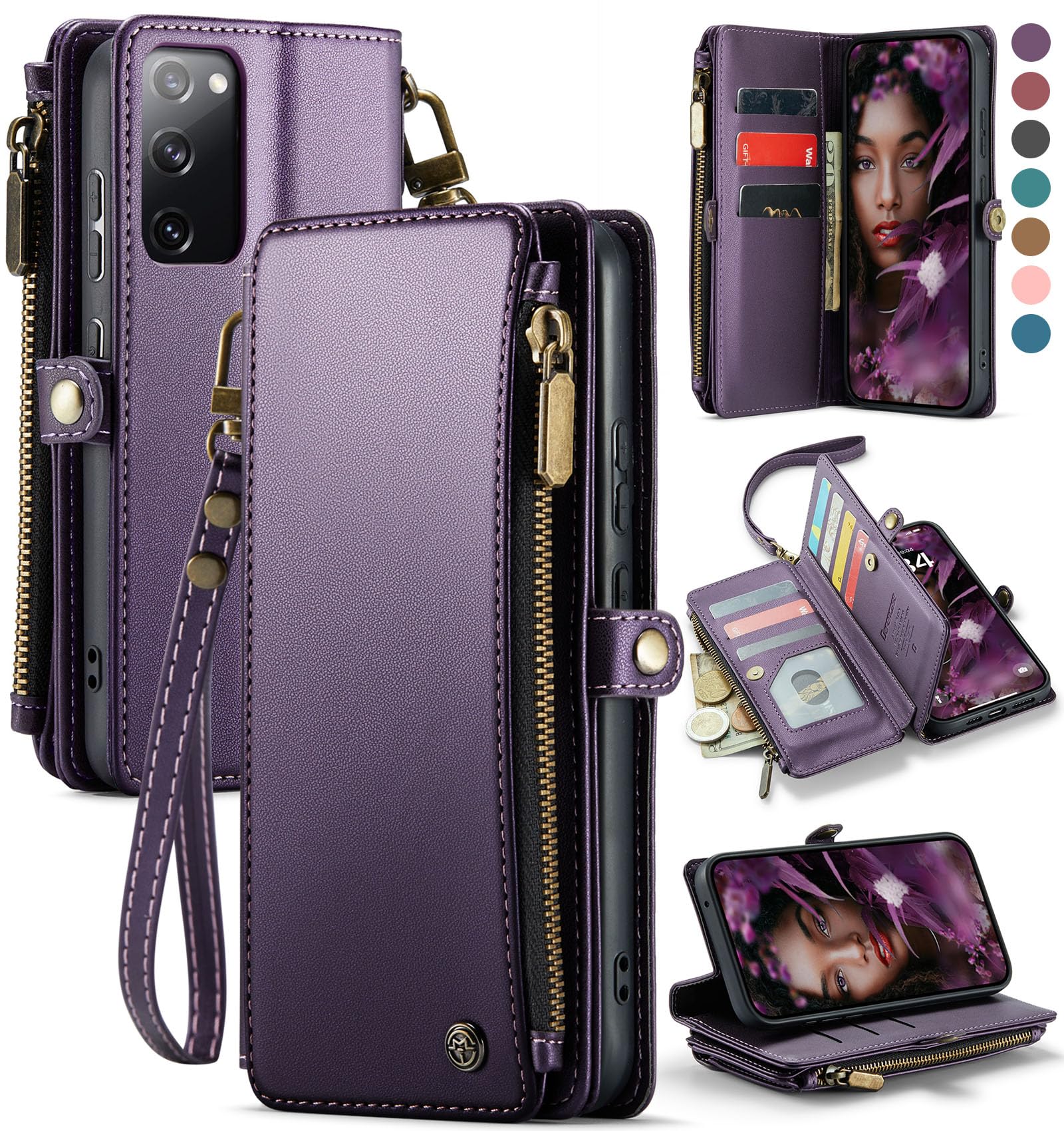 RFID Blocking PU Leather Wallet Case for Samsung Galaxy S20 FE 5G - Magnetic Snap Flip Cover with Card Holder & Zipper Strap (Purple) - Perfect for Daily Use, Travel, and Secure Contactless Payment Protection
