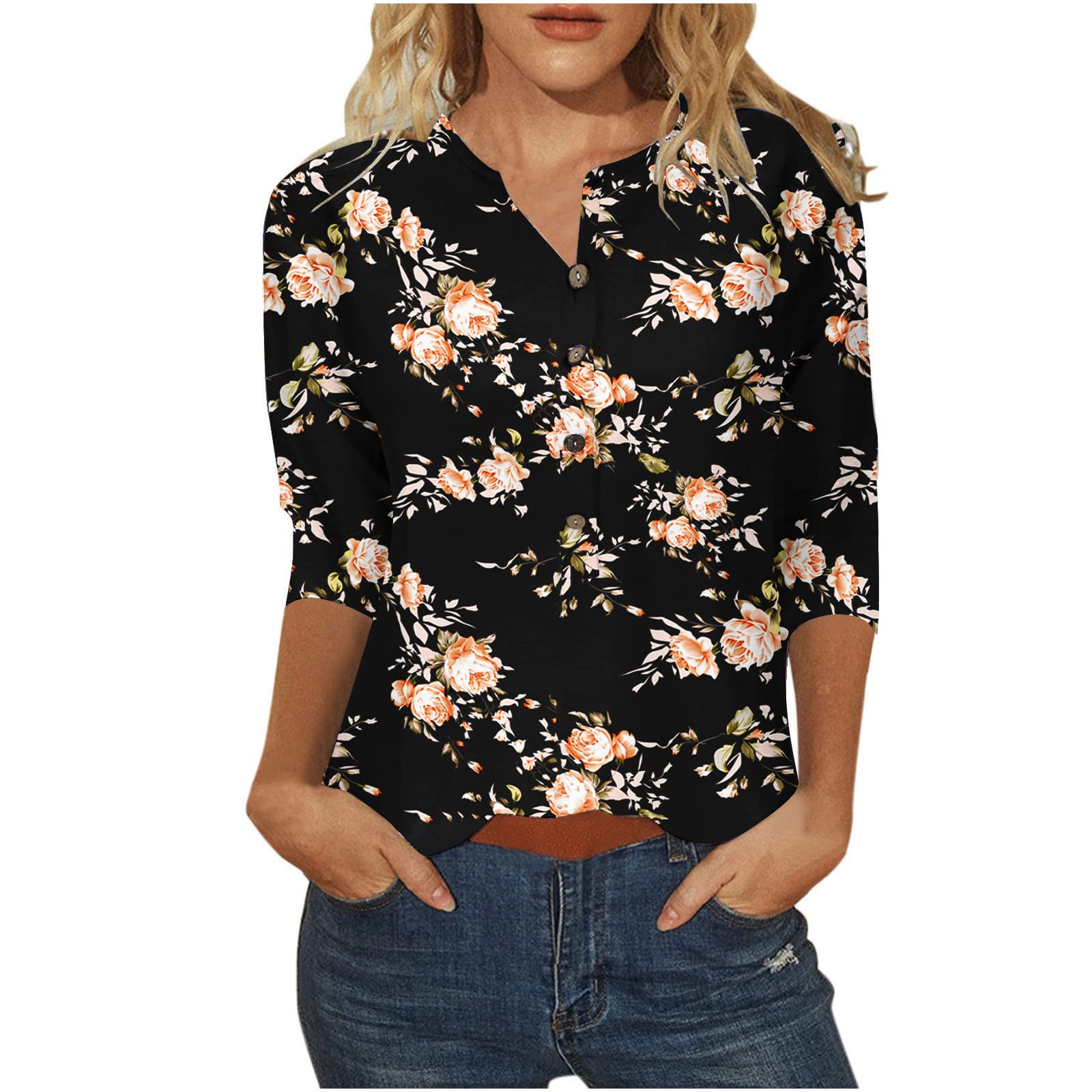 Women's 3/4 Sleeve V-Neck Button Down Blouse - Elegant Casual Tunic Top for Spring & Summer | Perfect for Office Wear, Date Nights & Weekend Outings