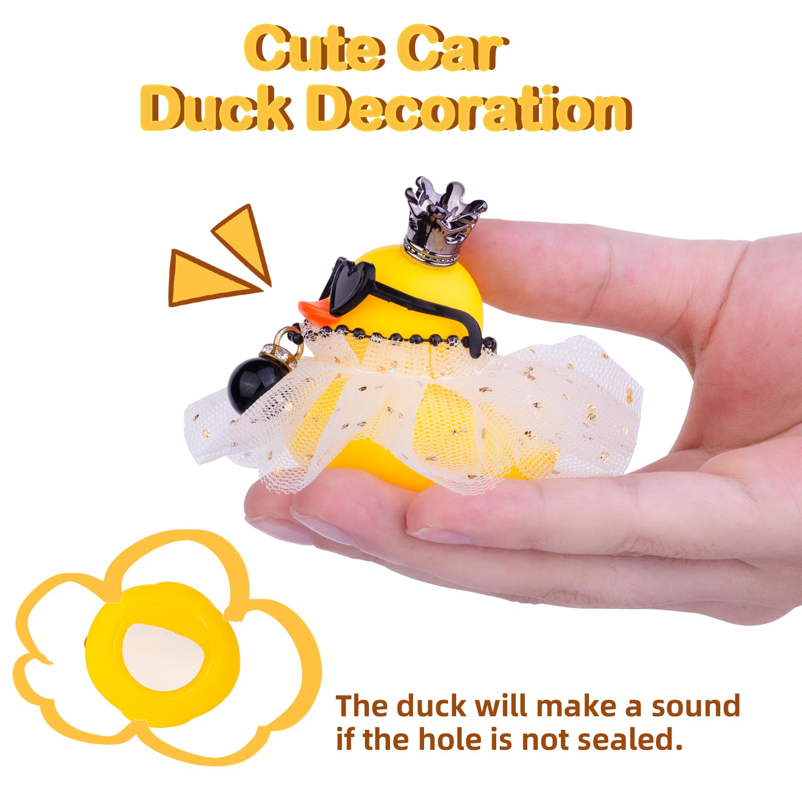 Rubber Duck Car Dashboard Decoration with Mini Crown, Skirt, Necklace & Glasses - Cute Car Accessories for Dashboard, Office Desk, and Party Decor - CF038A