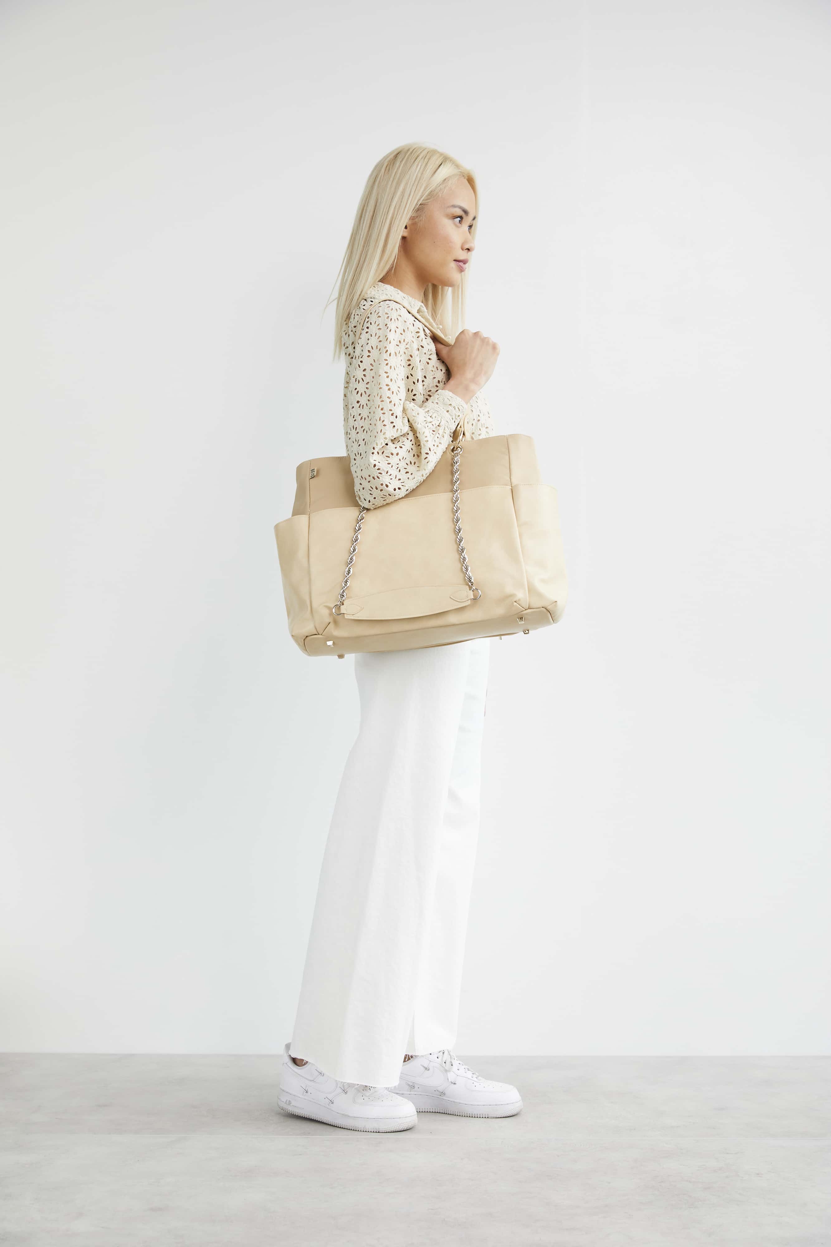 Premium Beige Diaper Bag for Moms - Large Tote with Multiple Pockets, Insulated Bottle Holder & Changing Pad | Perfect for Baby Outings, Travel & Everyday Use