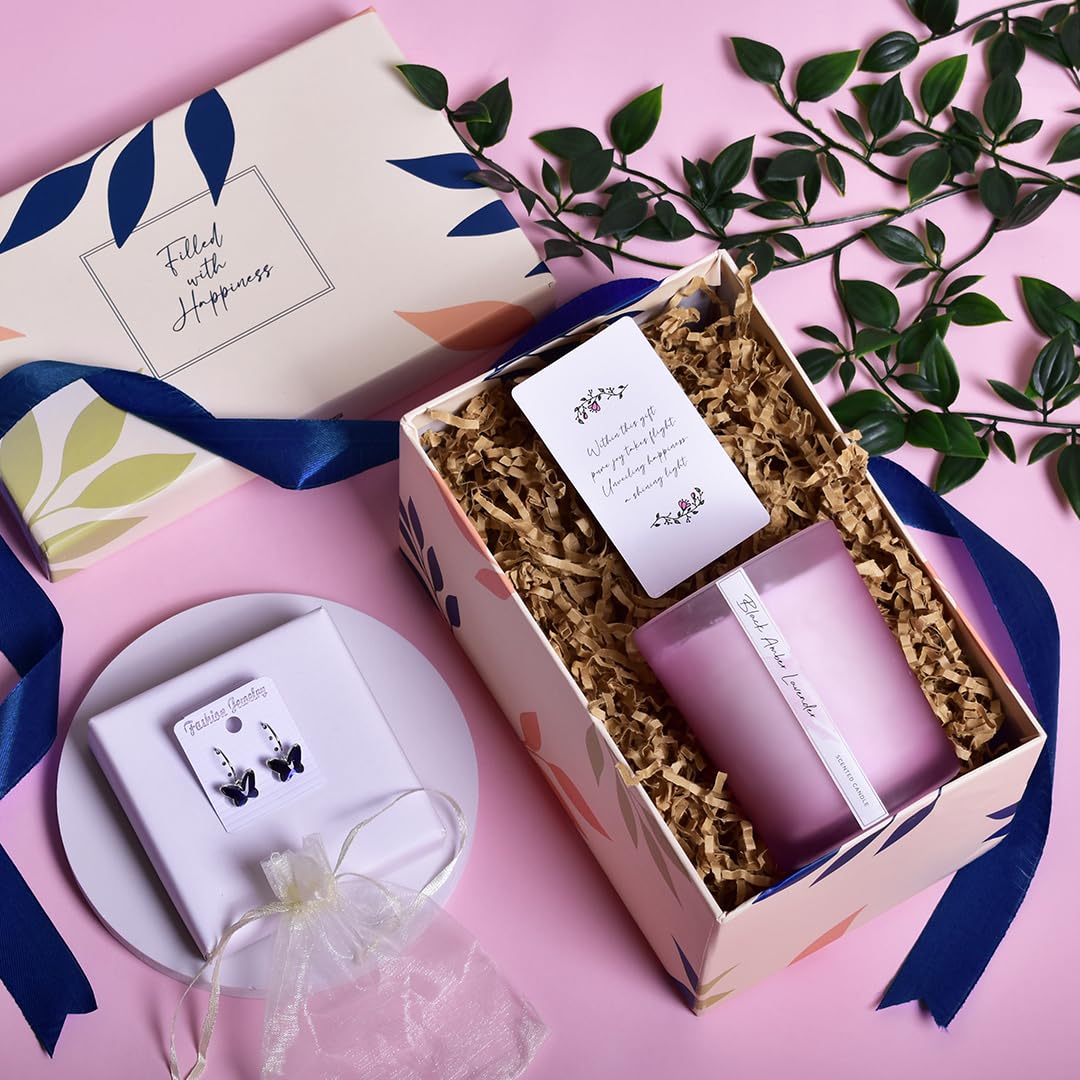Gleevers Luxury Birthday Gift Set for Women - 2-Piece Box with Black Amber Lavender Scented Candle (250g) & Butterfly Earrings | Perfect Anniversary Gift for Wife, Mother's Day Present for Mom, Birthday Surprise for Mother | Romantic Occasions, Special Celebrations & Thoughtful Gestures
