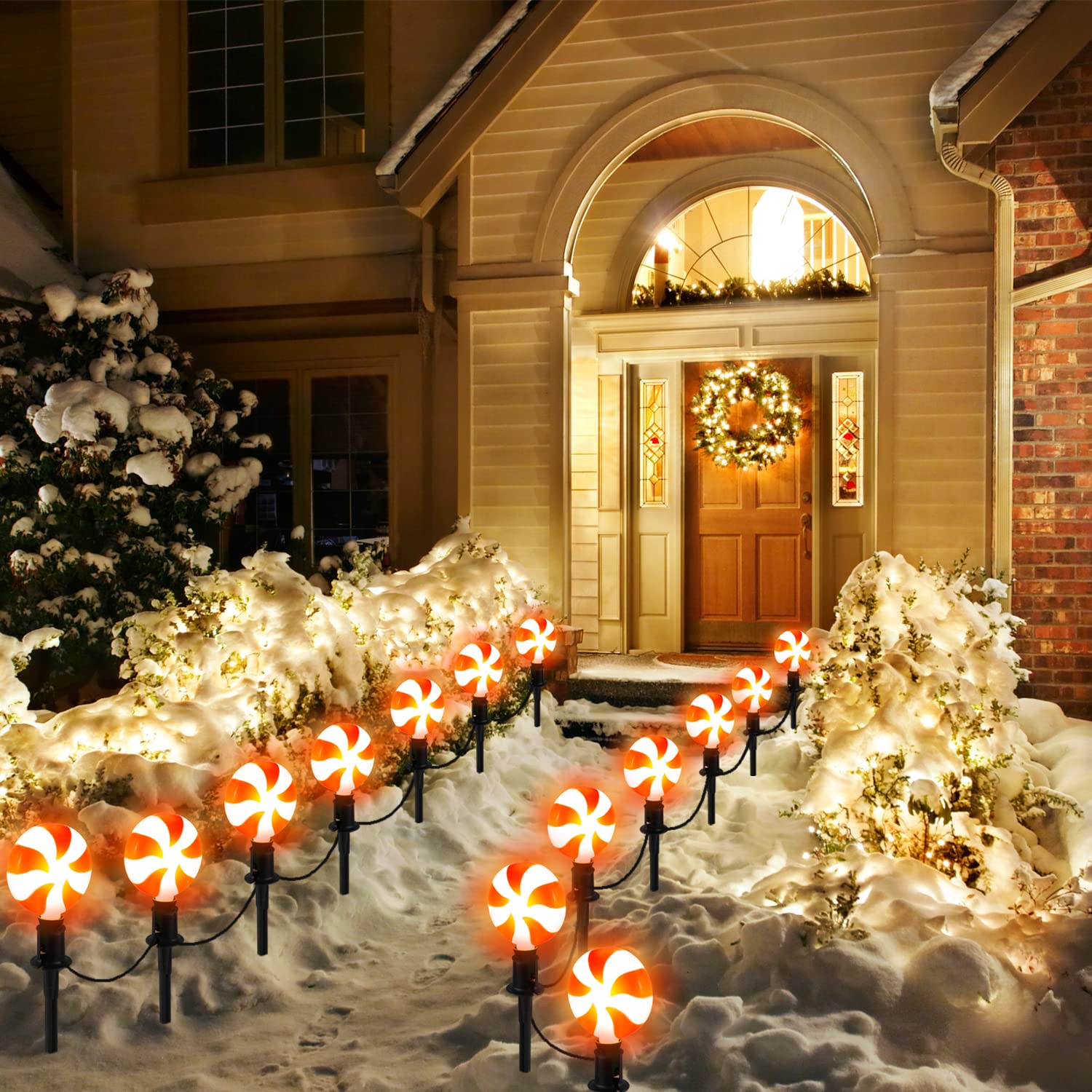 Joiedomi 14-Piece Christmas Lollipop Pathway Lights Outdoor - 14.3 FT Plug-in Peppermint Walkway String Lights with Stakes & Clips for Holiday Yard Decorations | Waterproof, Hangable & Pluggable | Perfect for Driveways, Gardens & Christmas Displays