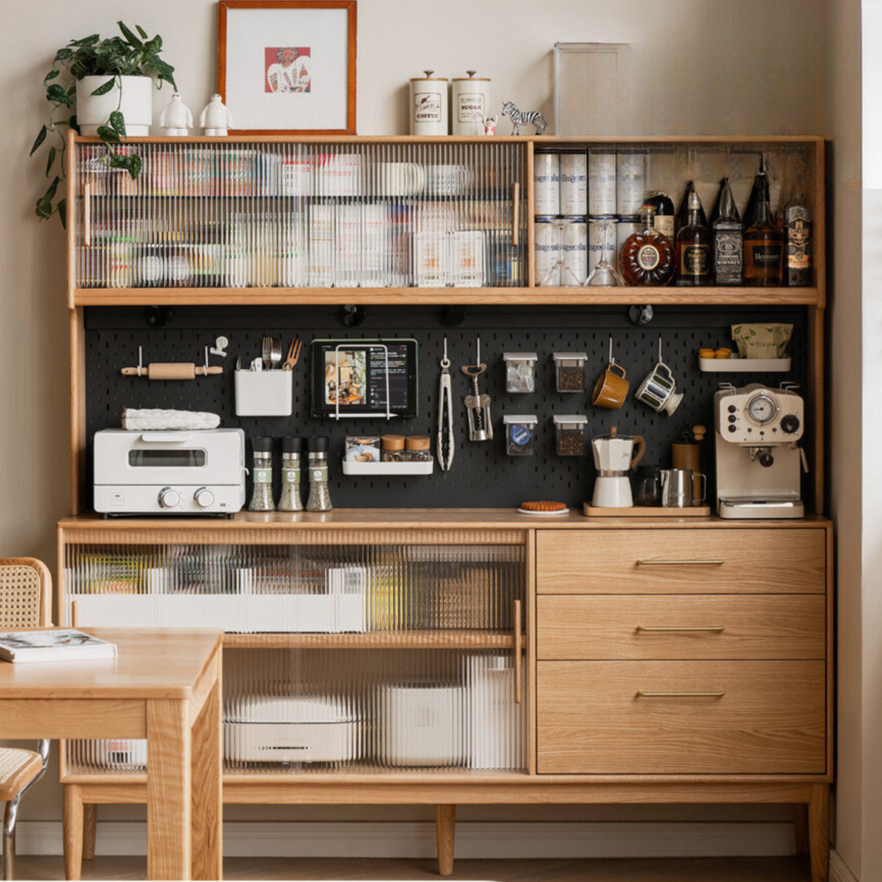 Solid Oak Wood Modern Multifunctional Sideboard - Buffet Cabinet for Dining Room, Living Room Storage & Entryway Organizer