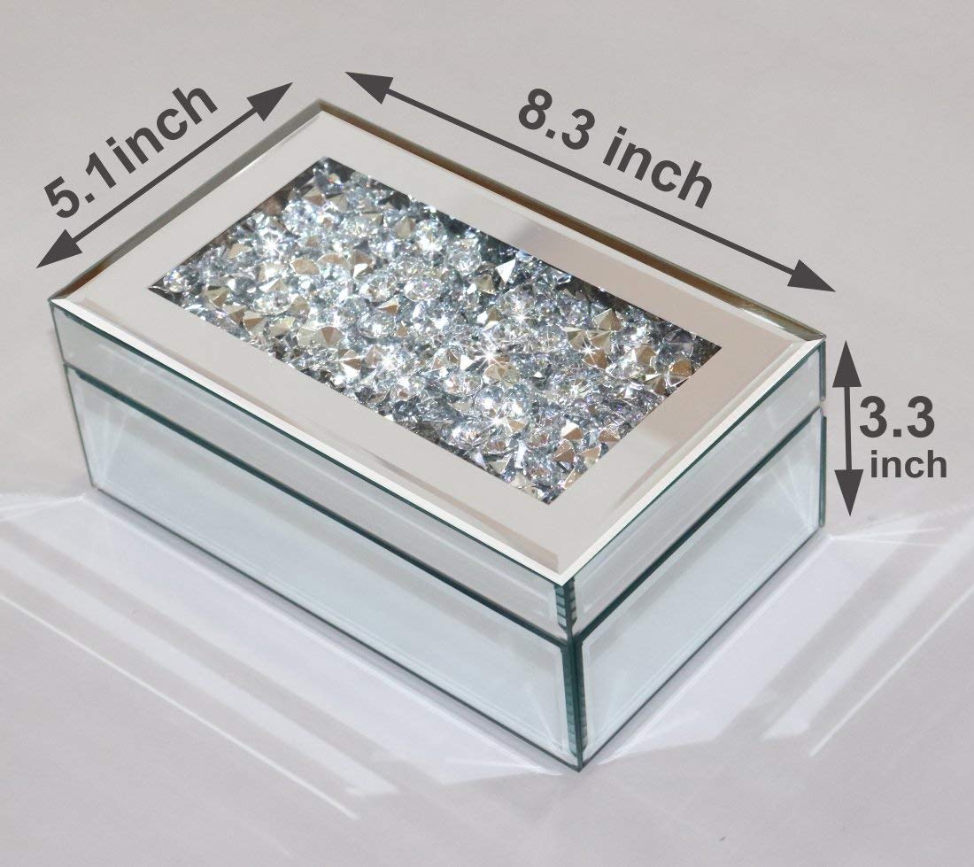 Luxury Silver Crushed Diamond Glass Jewelry Box Organizer - Elegant Mirror Storage Case for Necklaces, Rings & Earrings - Perfect for Women's Dresser, Wedding Gift & Travel Jewelry Organizer