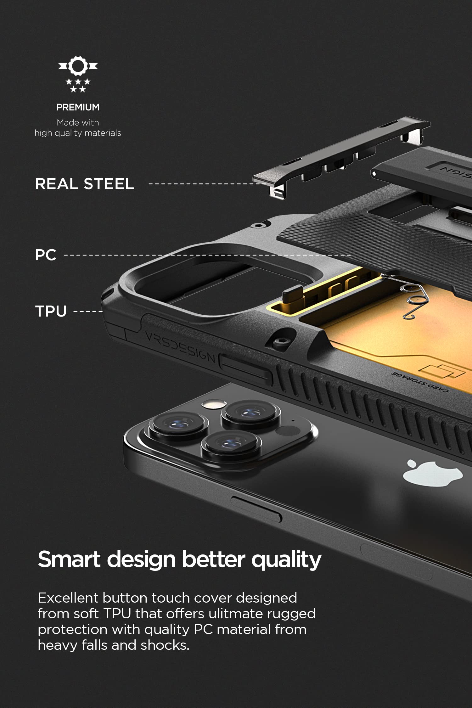VRS DESIGN Damda Glide Hybrid Protective Phone Case for iPhone 14 Pro Max (2022) - Slim Card Slot Holder with Kickstand, Shockproof & Durable Cover - Perfect for Work, Travel and Everyday Use (Groove Black)