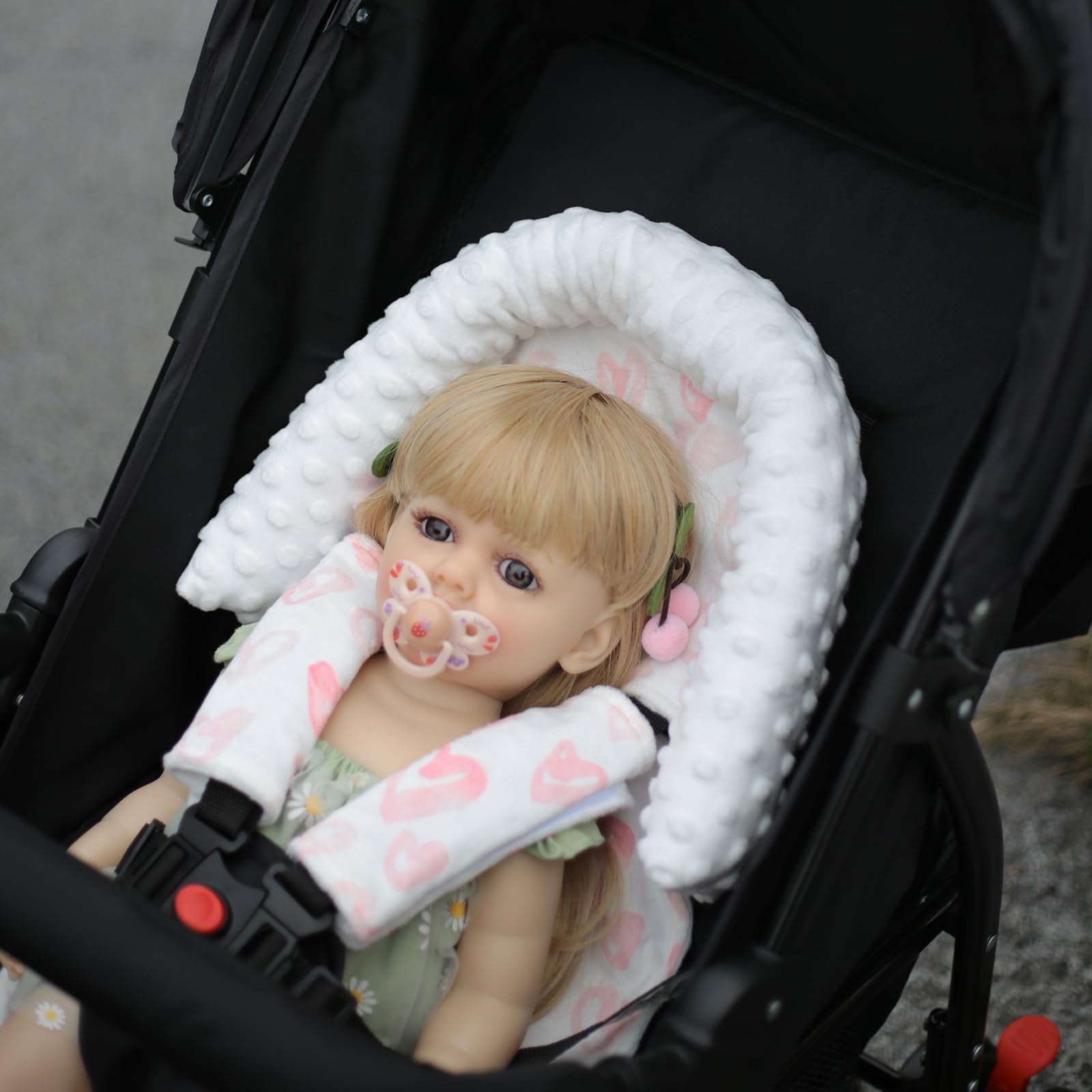 Baby Car Seat Head Support Cushion & Strap Cover - Soft Minky Infant Headrest for Newborns | Car Seat, Stroller & Bouncer Accessories | Pink Love Design for Girls | Perfect for Travel, Shopping & Daily Outings