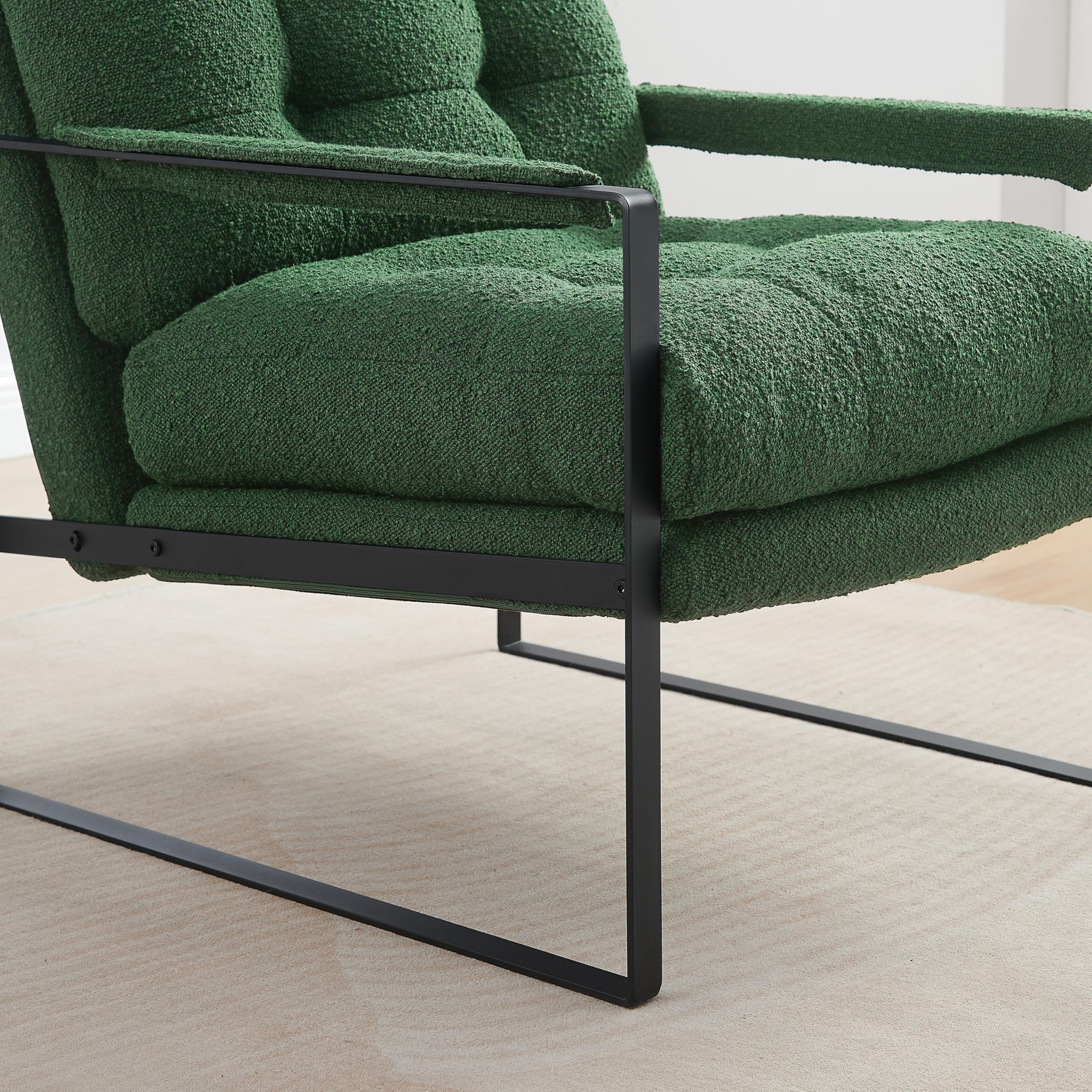 Mid Century Modern Accent Chair - Fat Ant Comfy Boucle Fabric Lounge Chair with Cushions, Sturdy Metal Frame Armchair for Living Room, Bedroom & Reading Nook (Green) - Perfect for Relaxing, Reading & Home Decor