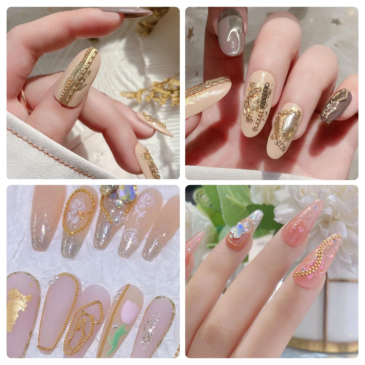 JERCLITY 8-Pack 19.7 Inch Gold Nail Art Chains - 3D Metallic Nail Charms, Punk Nail Studs & Jewelry Accessories for Women | Perfect for DIY Nail Art, Halloween, Cosplay & Party Looks