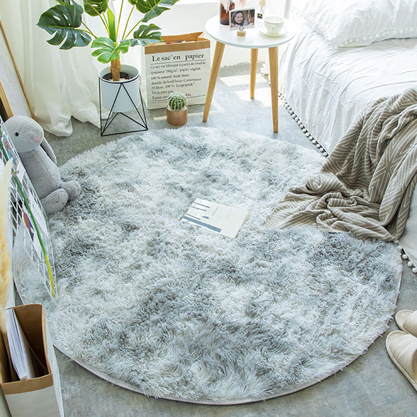 Soft Modern Tie-Dye Faux Fur Round Shaggy Rug - Washable Plush Carpet for Living Room, Bedroom & Kids Room - 60x60cm Gray Floor Mat - Perfect for Cozy Home Decor, Nursery Play Area & Sofa Accent