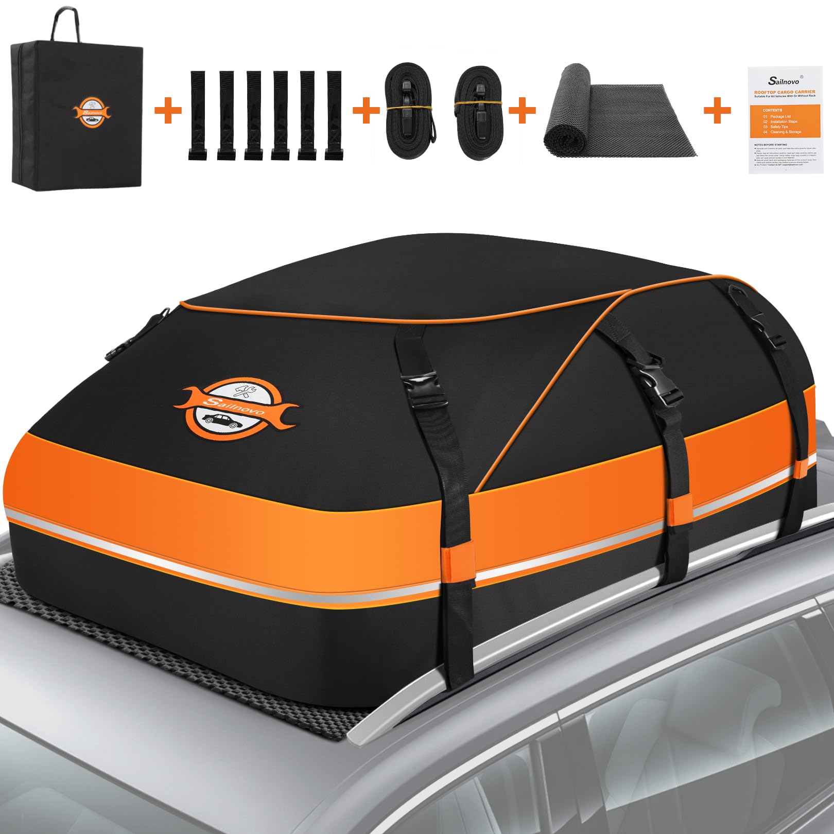 Sailnovo 20 Cubic Feet Waterproof Rooftop Cargo Carrier Bag - Universal Fit for All Cars with/Without Roof Rack | Includes Anti-Slip Mat, 6 Door Hooks & Waterproof Cover | Perfect for Road Trips, Camping Gear Storage, and Extra Luggage Space