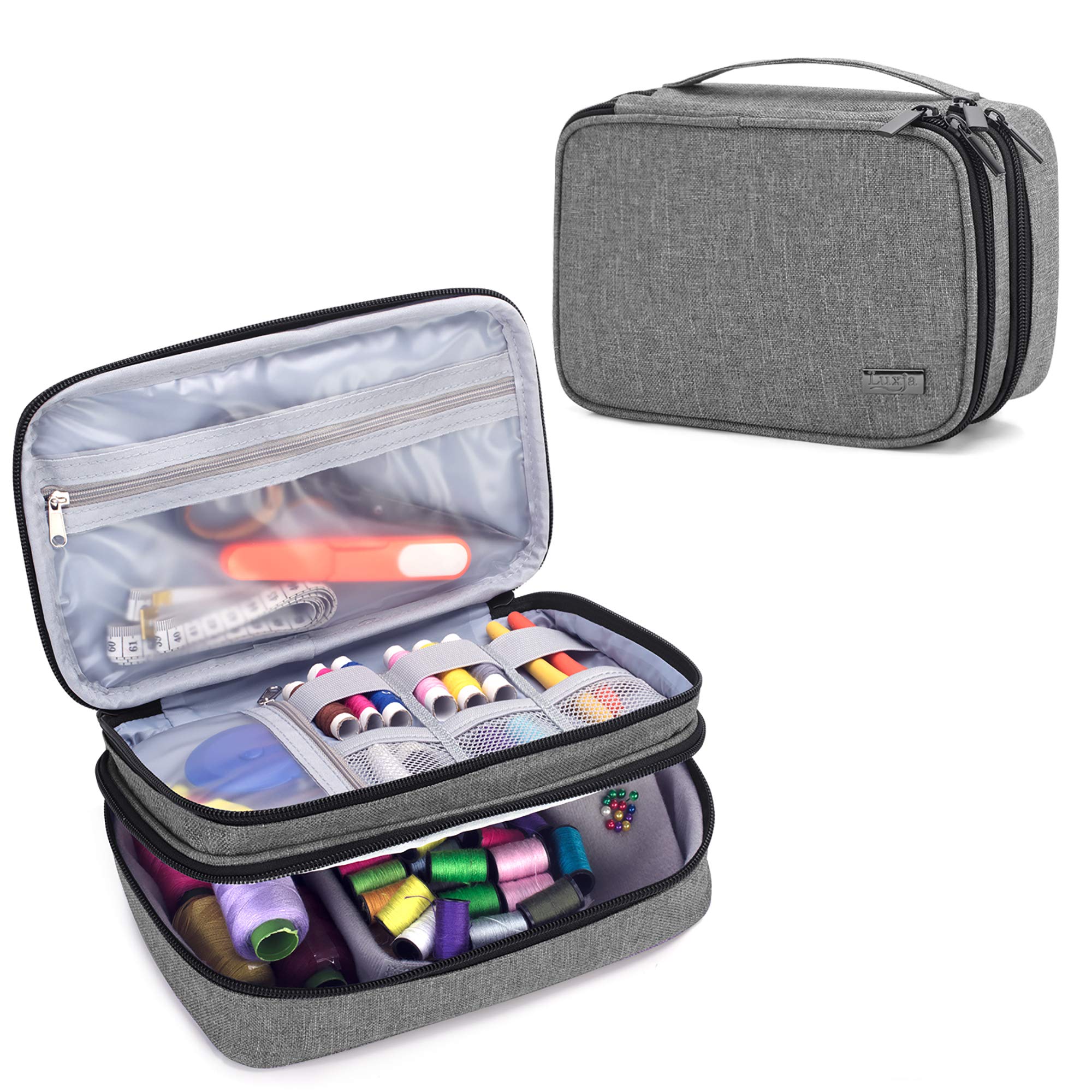 Luxja Double-Layer Sewing Accessories Organizer for Needles, Scissors, Measuring Tape & Thread - Portable Sewing Kit Storage for Crafting, Quilting & DIY Projects (Gray)