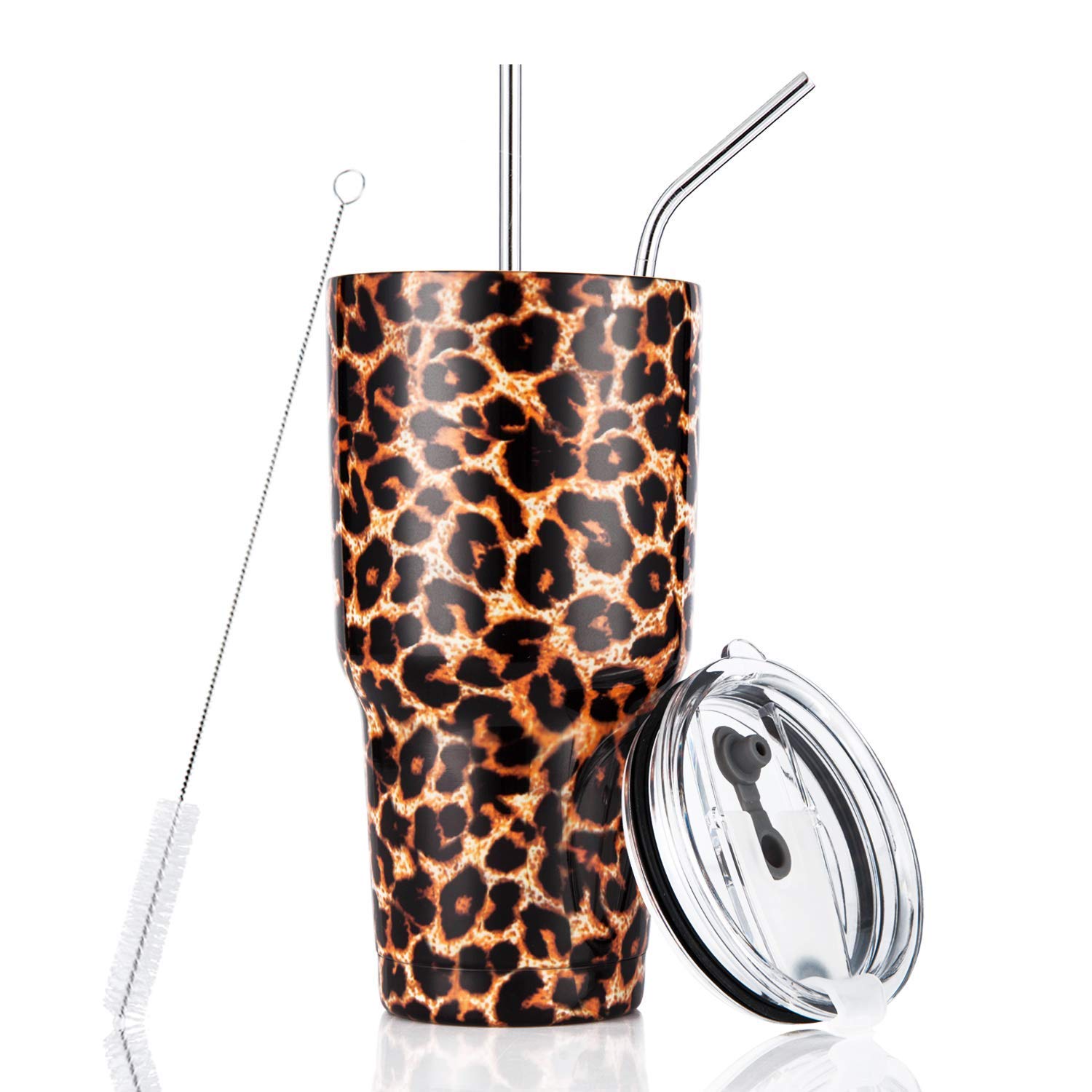 30oz Leopard Print Stainless Steel Tumbler with Straw & Cleaning Brush - Insulated Travel Mug for Hot & Cold Drinks - Perfect for Gym, Office, Hiking and Outdoor Activities