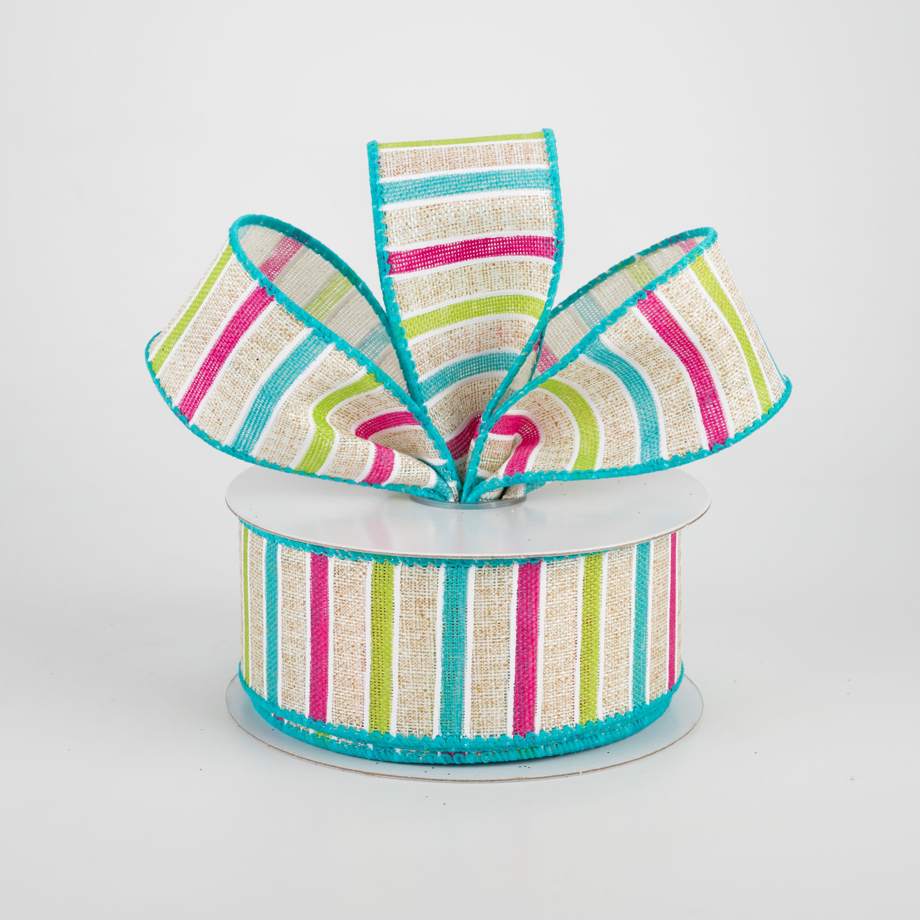 1.5 Inch Bali Stripes Ribbon - Turquoise, Lime, Fuchsia, Natural (10 Yards) - Perfect for Gift Wrapping, DIY Crafts, Scrapbooking & Home Decor