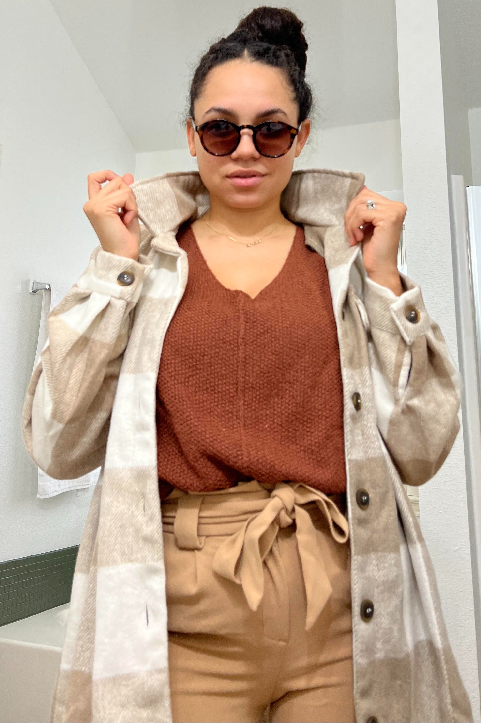 Soft Beige Plaid Brushed Long Shacket for Women - Cozy Oversized Button-Up Shirt Jacket for Fall & Winter Layering - Perfect for Casual Outfits, Workwear, and Outdoor Adventures