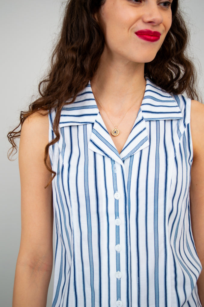 Lexa Tank Top - Indigo Stripe Bamboo Linen Blend Women's Shirt - Perfect for Yoga, Beachwear & Summer Casual Outfits