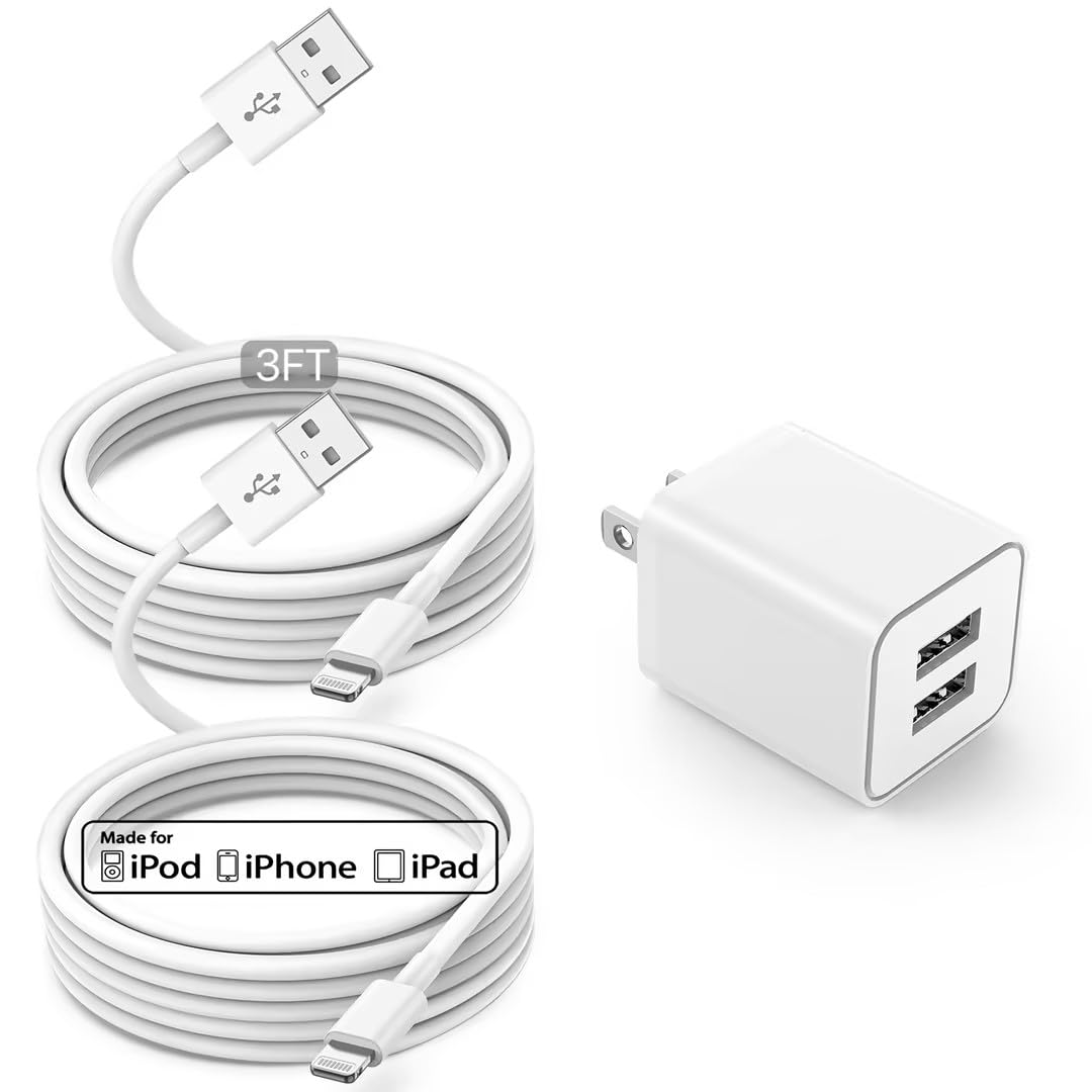 Apple MFi Certified USB Wall Charger with 3FT Lightning Cable - Fast Charging Block for iPhone 12/11/XR/X/Xs/8/7/6/SE, iPad - 2 Port Power Adapter for Home, Office & Travel (White)