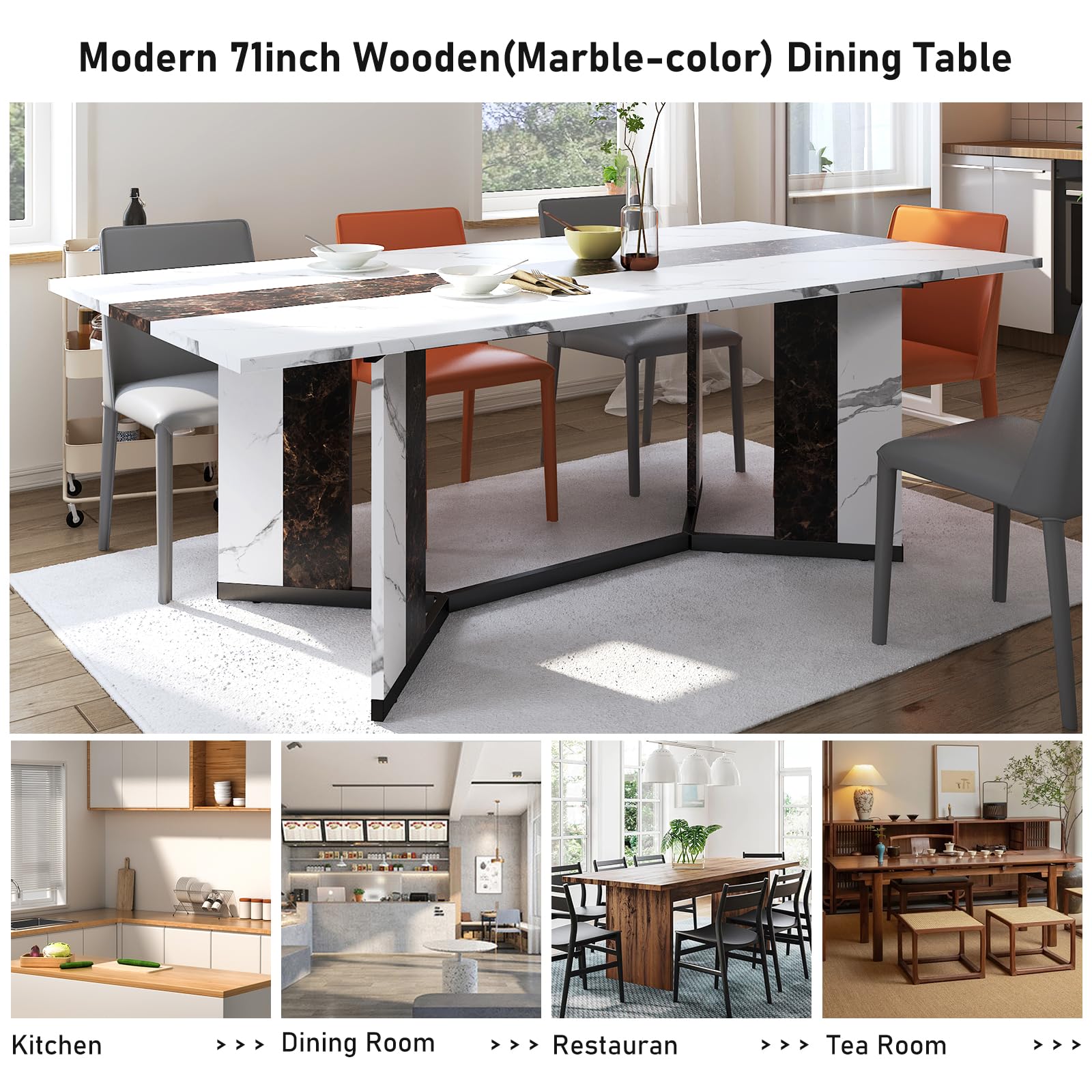 71-Inch Large Rectangular White Dining Table for 4-7 People with 35-Inch Marble-Color Waterproof Wood Tabletop & Adjustable Legs - 6ft Luxurious Family Dinner Table for Home, Kitchen, Living Room - Perfect for Family Gatherings, Dinner Parties & Daily Meals