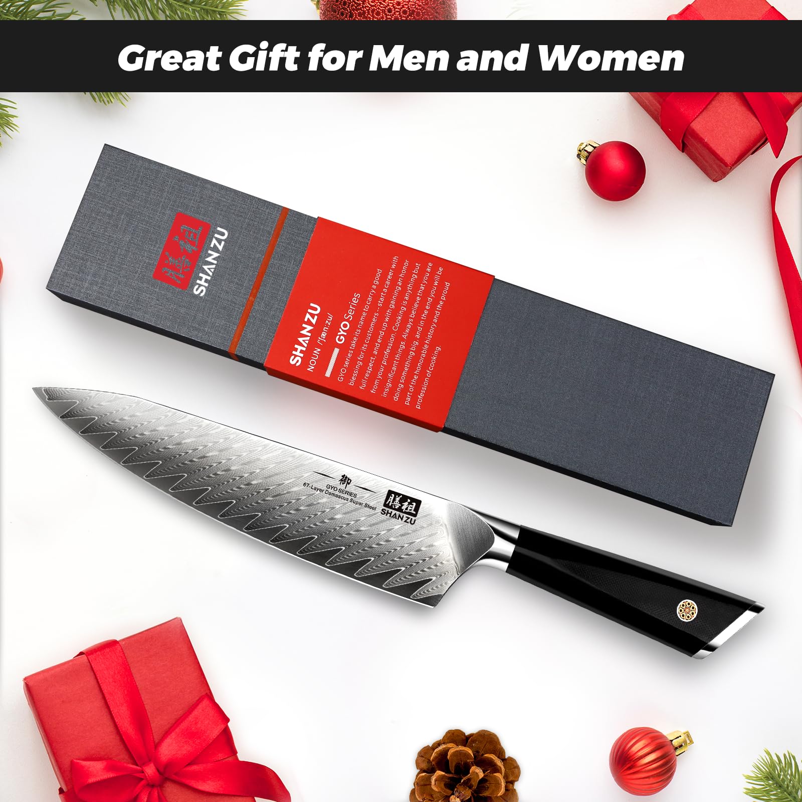 SHAN ZU Damascus Chef Knife 8 Inch - 67-Layer High Carbon Steel Japanese Kitchen Knife - Ultra Sharp Professional Cooking Knife with Ergonomic G11 Handle - Perfect for Slicing, Dicing & Chopping - Includes Gift Box for Gifts & Home Chefs