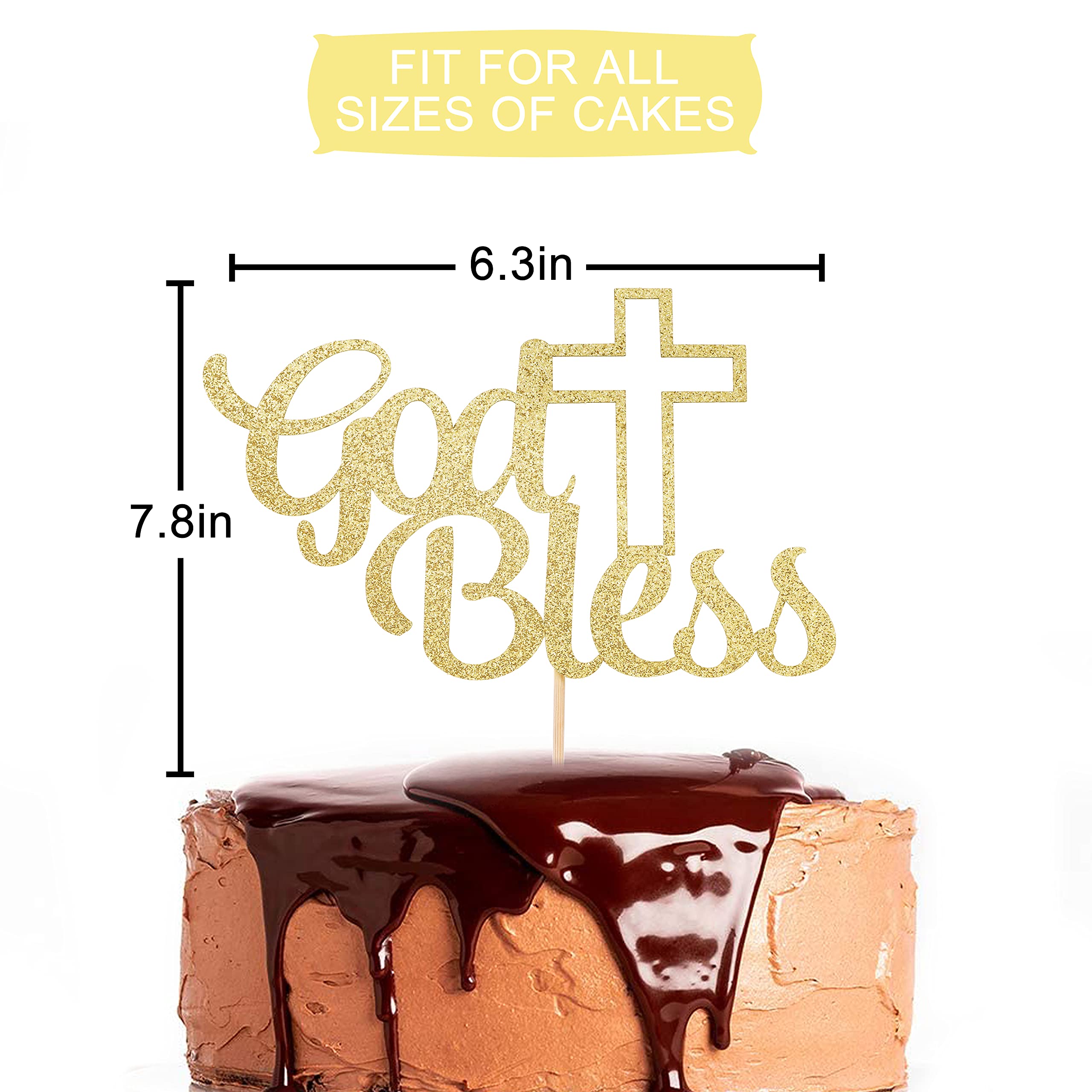 Golden Glitter God Bless Cake Topper - Baptism & First Communion Cake Decorations for Boys & Girls, Religious Cake Topper with Custom Name, Golden Glitter Cake Decor Supplies - Perfect for Baptism, Christening, First Holy Communion & Religious Celebrations