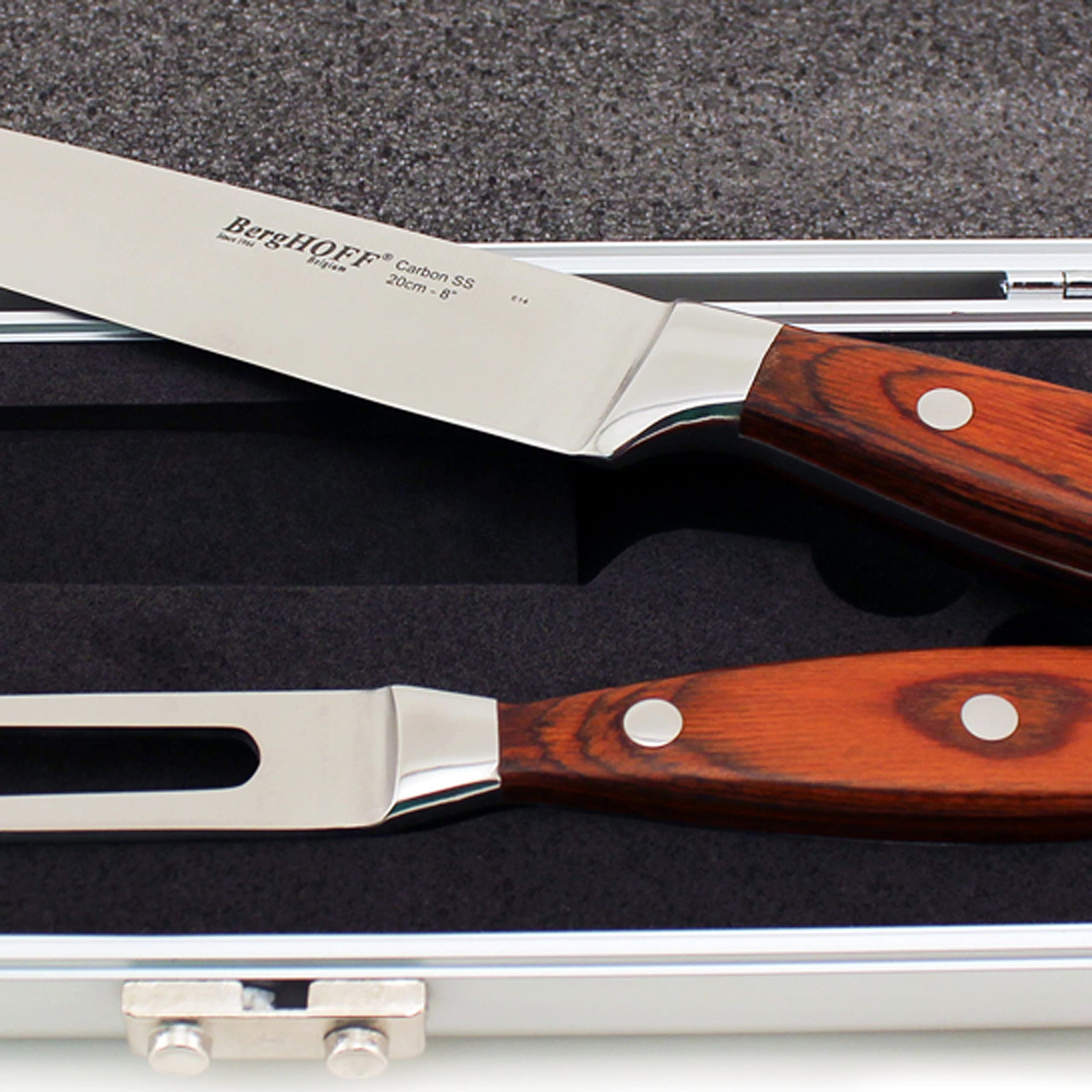 Berghoff Pakka 18/10 Stainless Steel 7-Piece Steak & Carving Knife Set - Ergonomic Wood Handle, Aluminum Case, Corrosion Resistant, Sharp & Balanced - Perfect for BBQ, Carving Meats & Kitchen Use