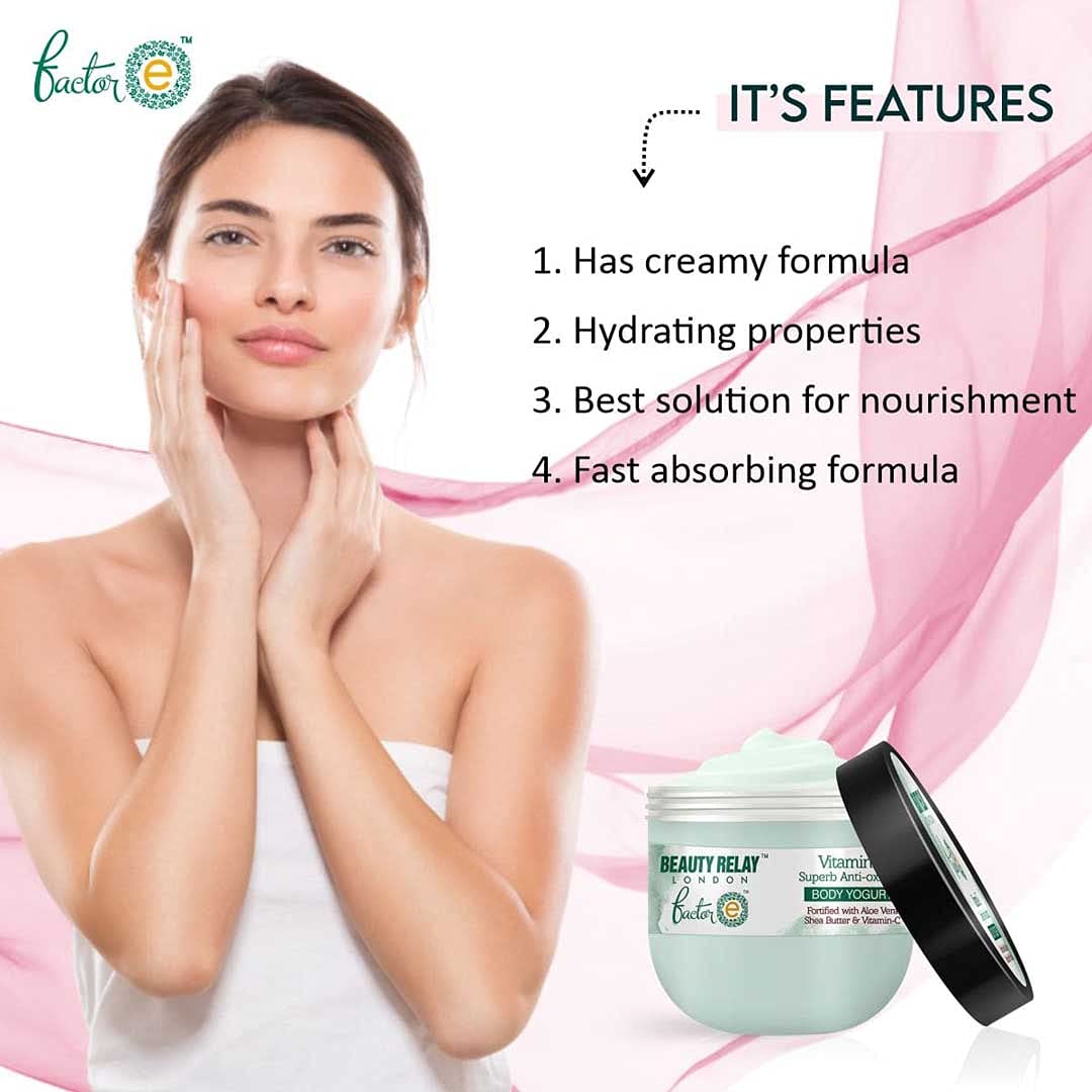 BEAUTYRELAY LONDON Vitamin E Body Yogurt - Deep Moisturizing & Nourishing Cream for All Skin Types - Brightens & Evens Skin Tone - 200g - Perfect for Daily Hydration & Glowing Skin Care Routine