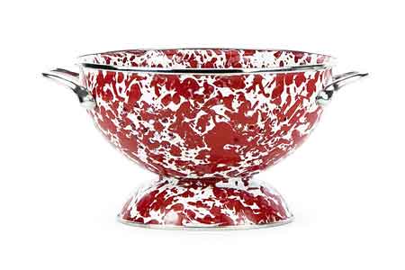 Stainless Steel Red Swirl Enamelware Colander - 3 Quart Pasta Strainer with Handles for Kitchen, Cooking & Salad Drainer - Perfect for Draining Pasta, Washing Fruits & Vegetables