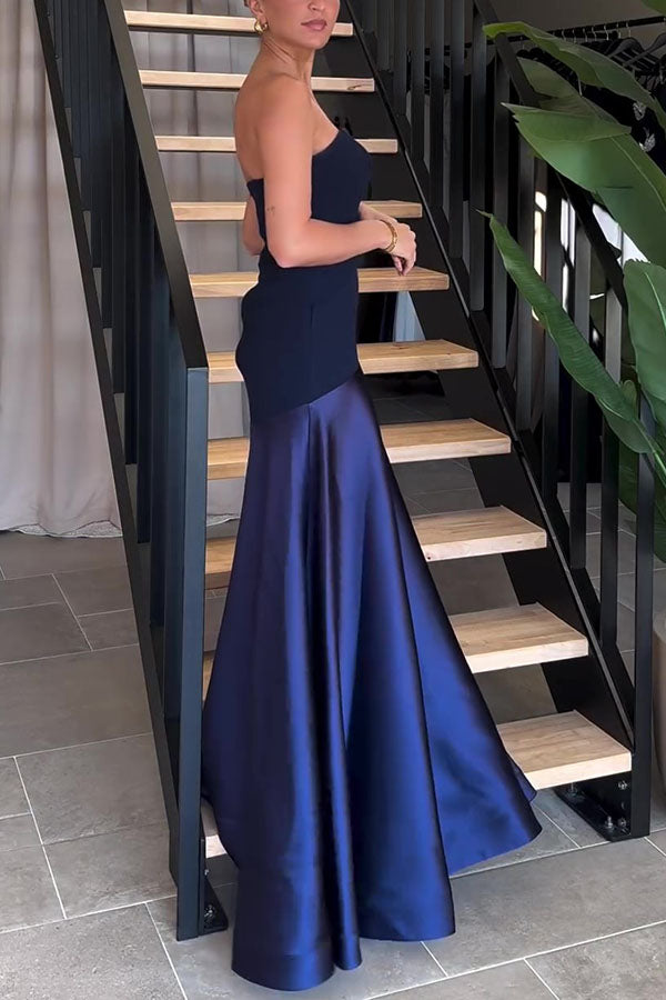 Timeless Elegance Satin Patchwork Strapless Flare Gown Maxi Dress for Women | Formal Evening Gown for Prom, Wedding, Red Carpet Events