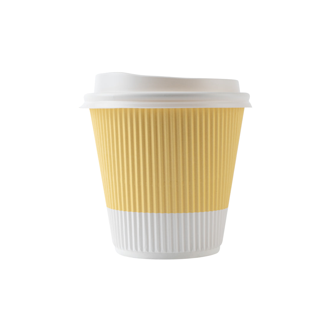 8 oz Light Yellow Ripple Wall Coffee Cups with White Lids - 3.5