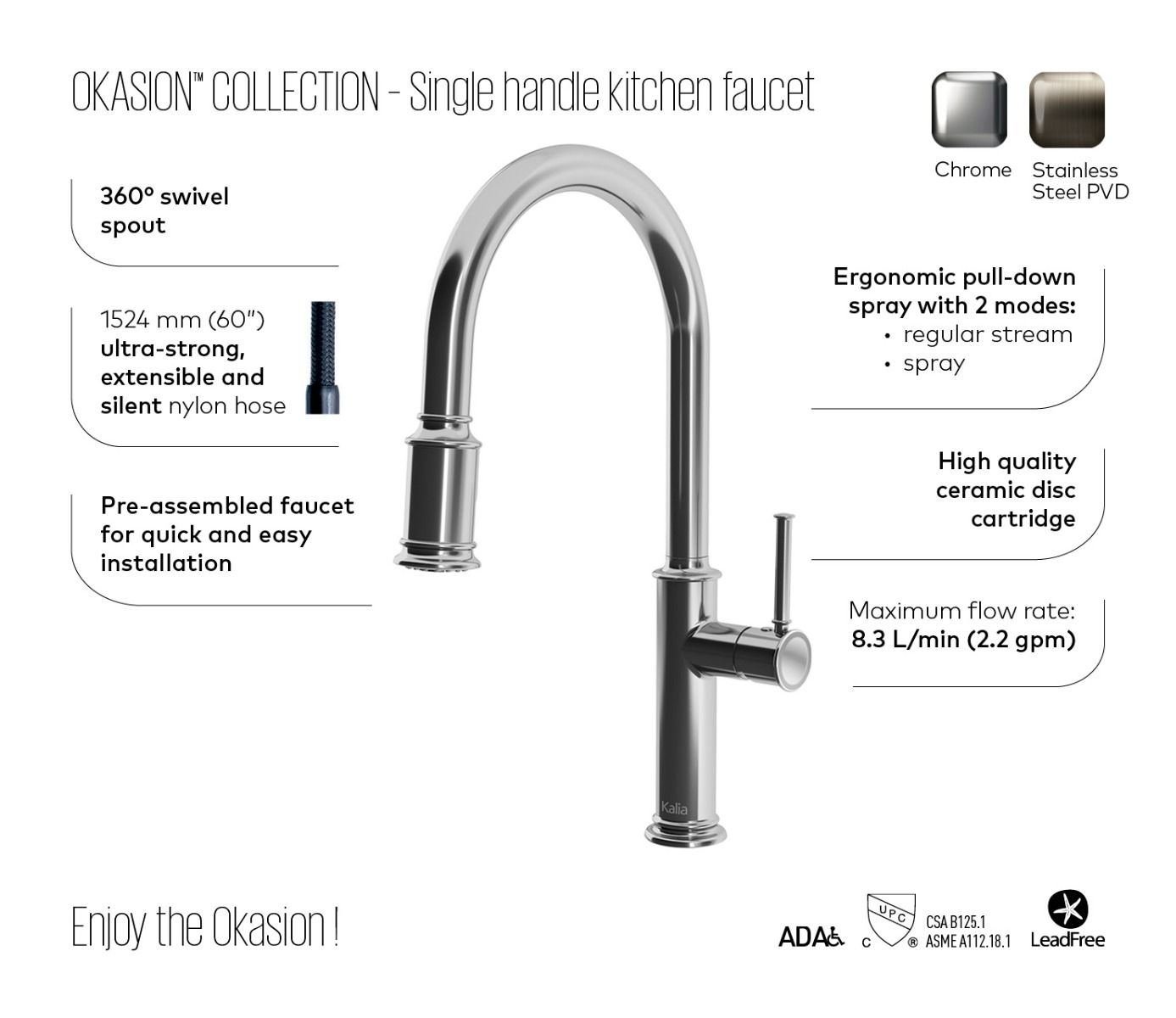 Kalia OKASION Pull Down Kitchen Faucet with Spray Head - Stainless Steel - Modern High Arc Design for Easy Washing & Dish Filling (Perfect for Large Sinks & Busy Kitchens)