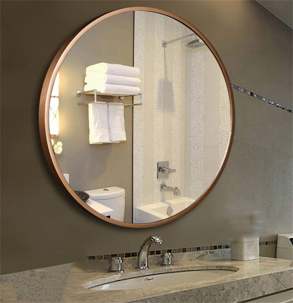 70cm Round Wall Mirror - Titanium Gold Wood Frame Vanity & Makeup Mirror for Bathroom, Bedroom, Living Room | Modern Hanging Decor for Home & Salon