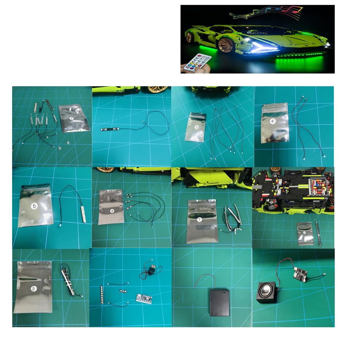 HOSDIY Upgraded LED Light Kit with Music Remote Control for Lamborghini Sián FKP 37 Model - Compatible with Lego 42115 Building Blocks (Light Only, No Model Included) - Perfect for DIY Car Model Lighting and Home Decoration
