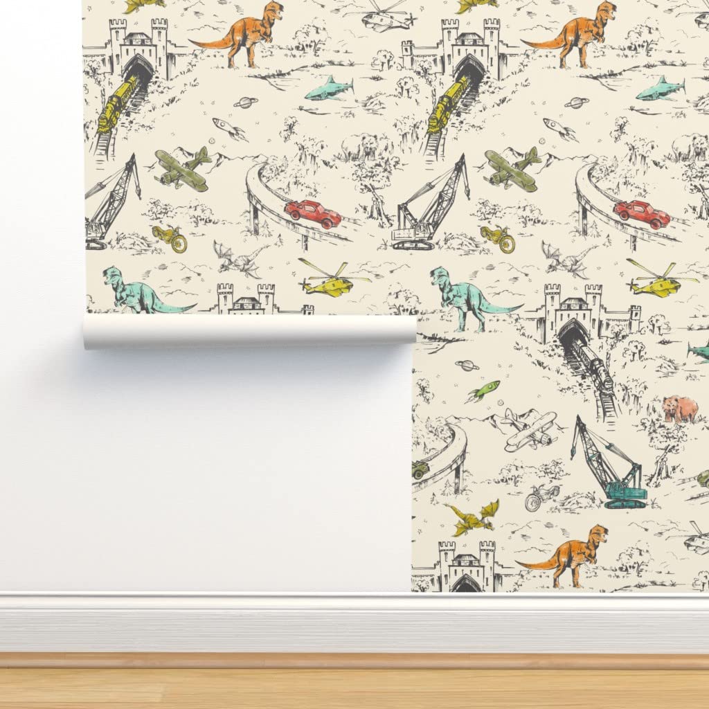 Dinosaur Helicopter Train Construction Dragon Peel & Stick Wallpaper - 9ft x 2ft Removable Self-Adhesive Wall Decal for Kids Room, Nursery & Playroom Decor | Easy DIY Home Improvement Project