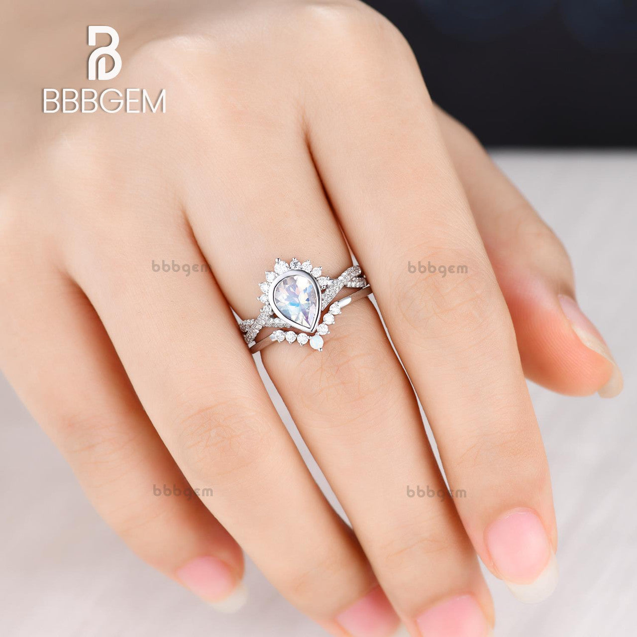 Vintage Moonstone Engagement Ring Set - Pear Shaped Stone with Twisted Band for Wedding, Proposal & Anniversary Gifts | Handmade Silver Jewelry for Brides & Couples
