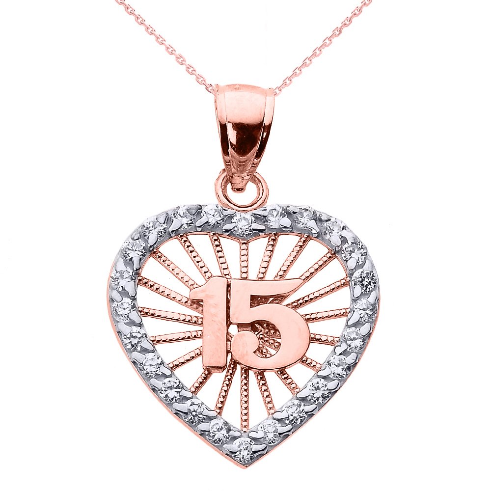 14K Two-Tone Rose Gold Sweet 15 Quinceañera Pendant Necklace with Cubic Zirconia Heart - Elegant Birthday Gift for Teen Girls, Perfect for Quinceañera Celebrations & Special Occasions