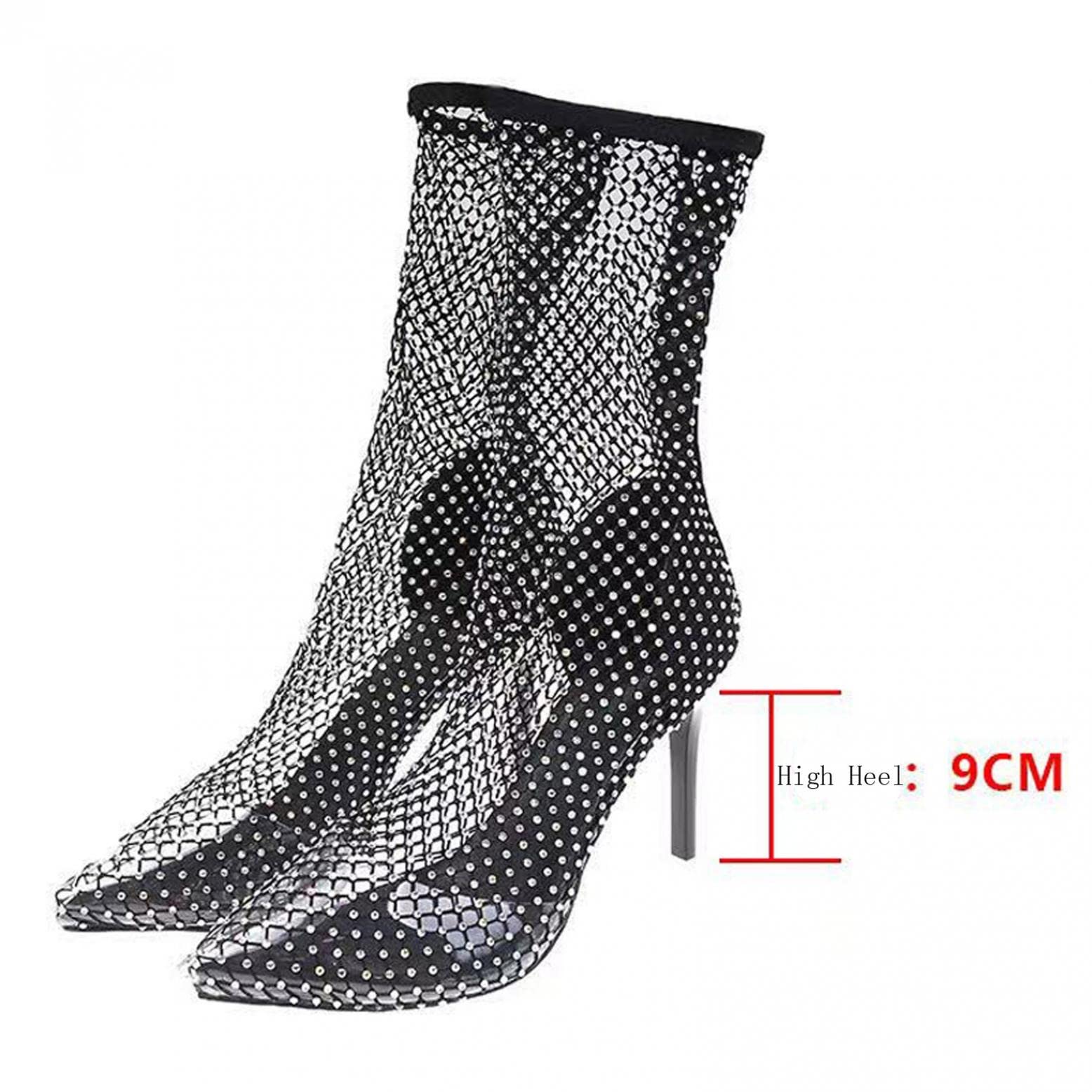 Sexy Transparent Black Sheer Mesh Glitter Rhinestone Pointed Toe Stiletto High Heel Ankle Booties for Women - Clear Mid Calf Short Boots for Wedding, Party & Evening Events - Perfect for Banquets, Date Nights & Special Occasions