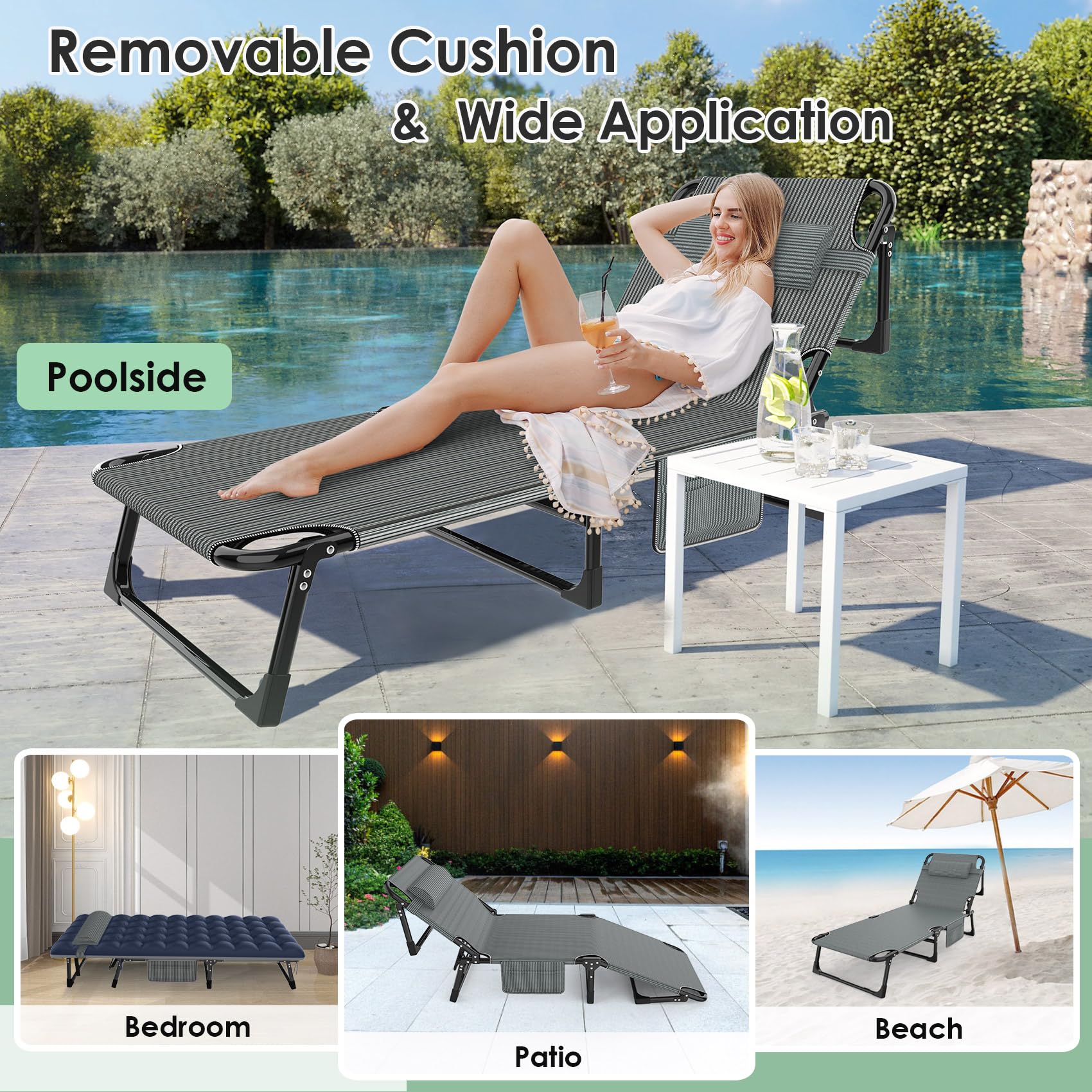 3-in-1 Folding Camping Cot Bed with Storage Bag - Adjustable 5-Position Patio Chaise Lounge & Portable Sleeping Cot for Adults - Perfect for Bedroom, Poolside, Patio & Outdoor Adventures (Gray/Blue Striped Design)